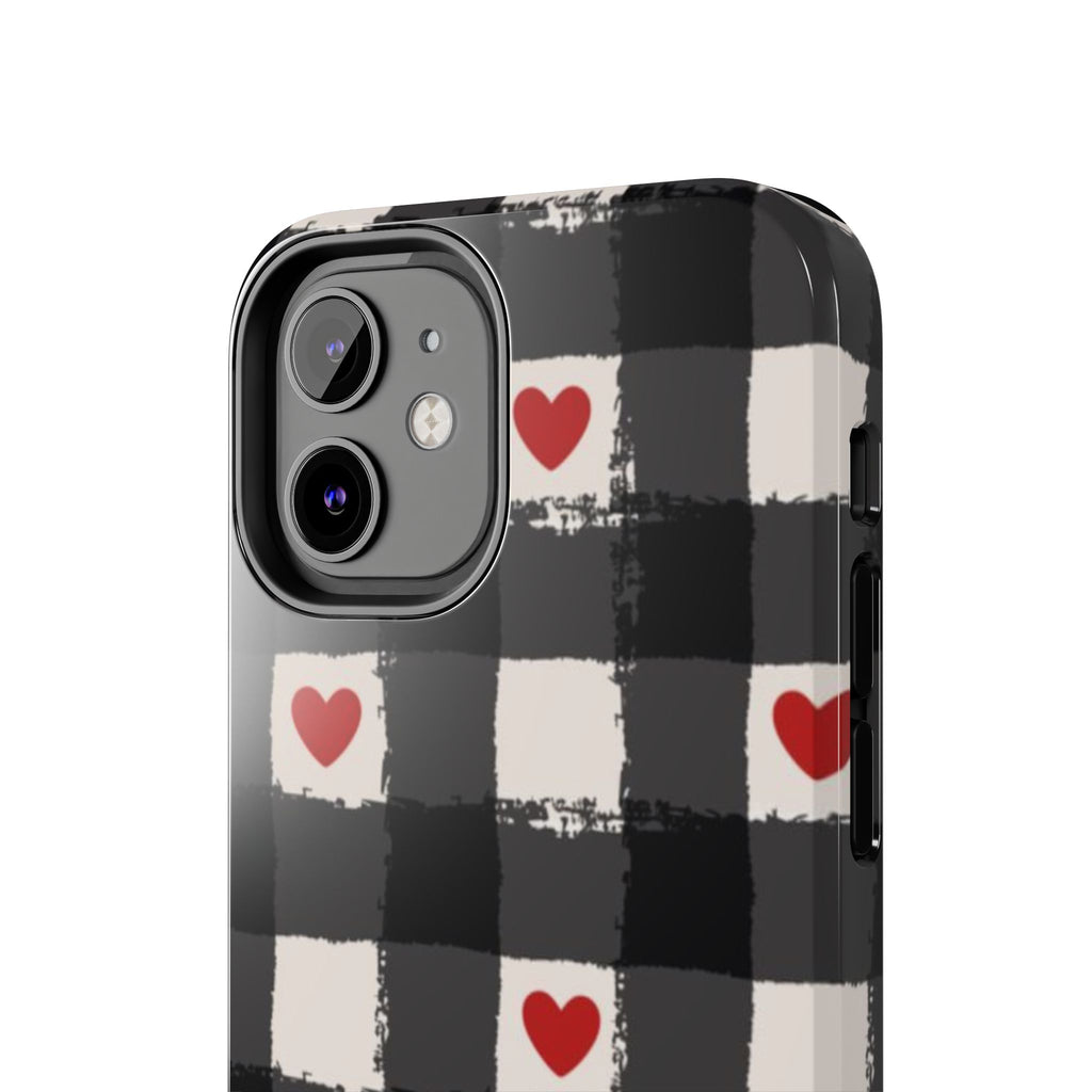 Black Buffalo Plaid Phone Case with Red Hearts