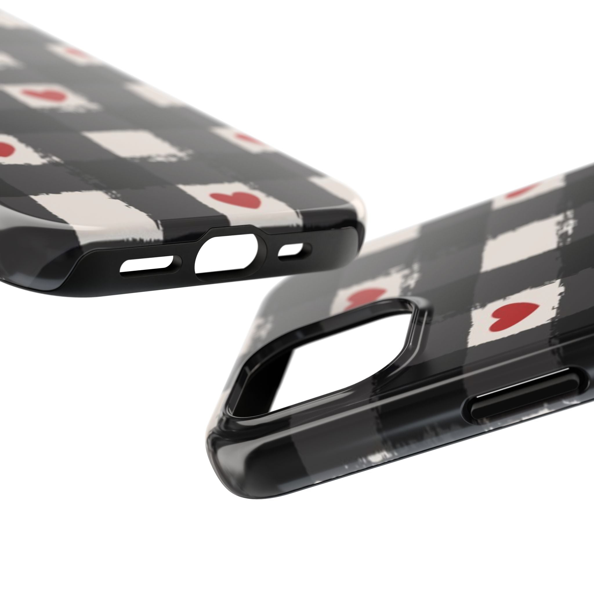 Black Buffalo Plaid Phone Case with Red Hearts