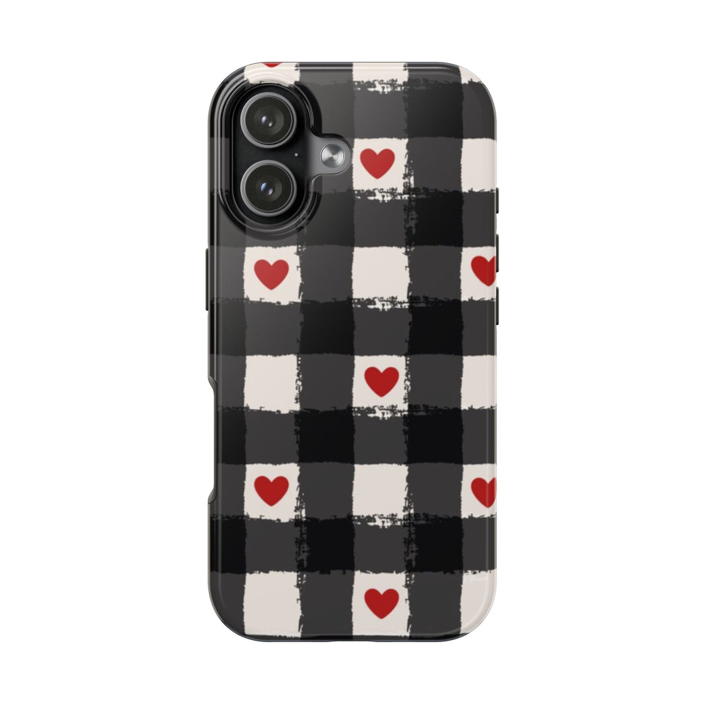 Black Buffalo Plaid Phone Case with Red Hearts