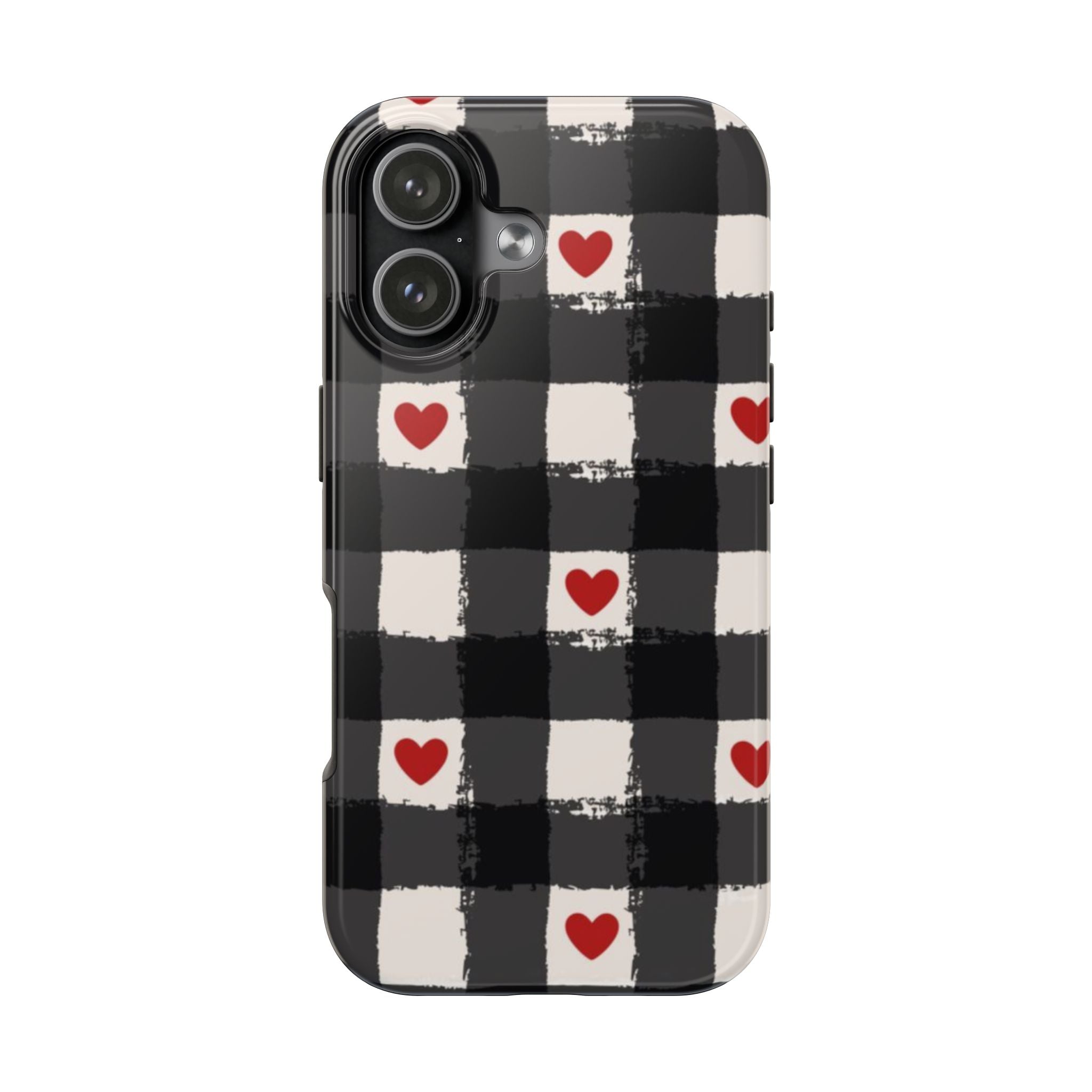 Black Buffalo Plaid Phone Case with Red Hearts