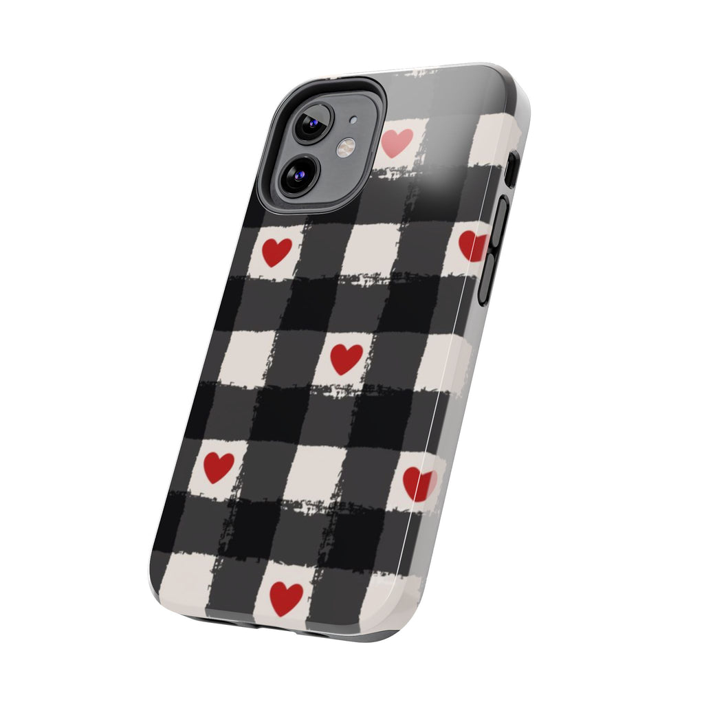 Black Buffalo Plaid Phone Case with Red Hearts