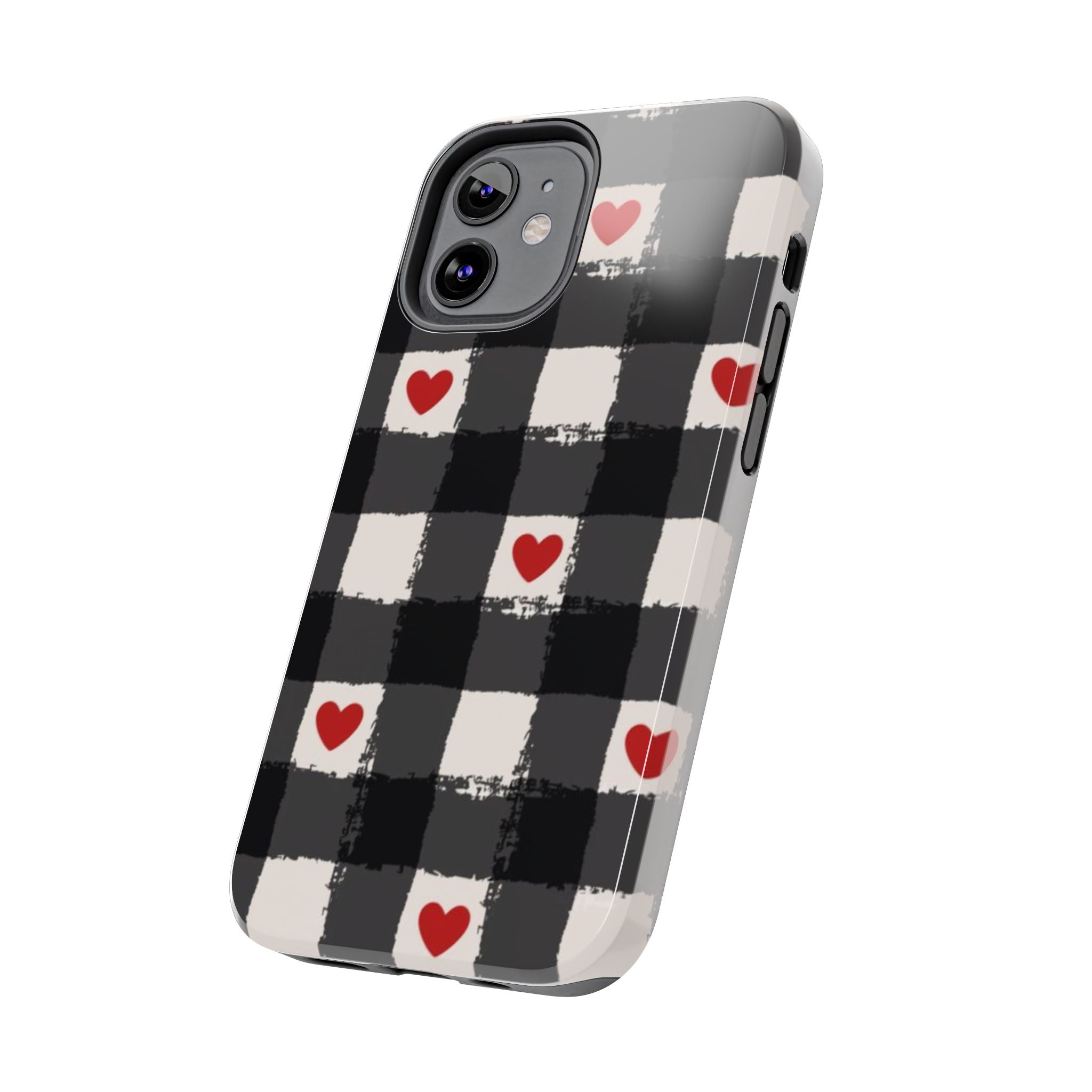 Black Buffalo Plaid Phone Case with Red Hearts