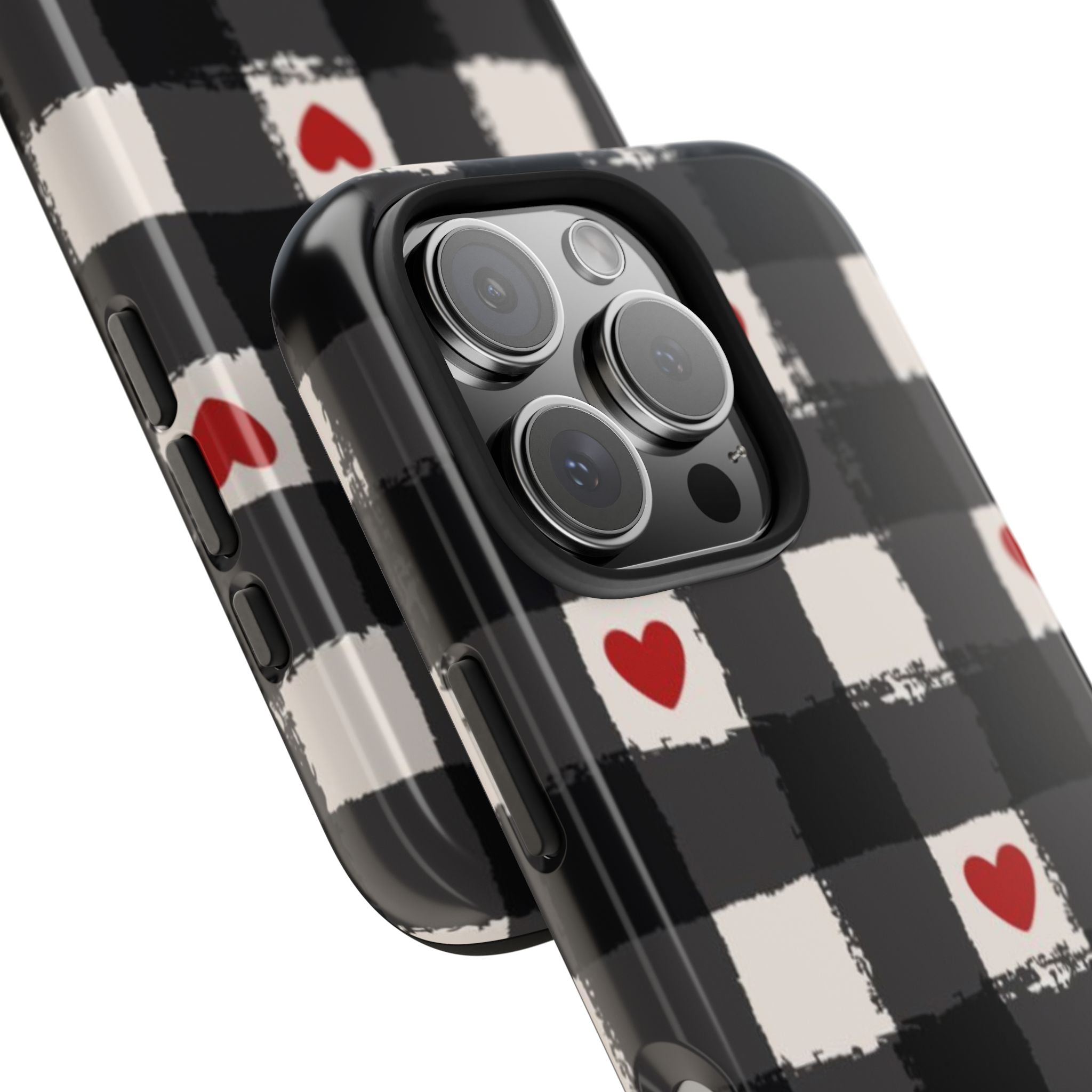 Black Buffalo Plaid Phone Case with Red Hearts