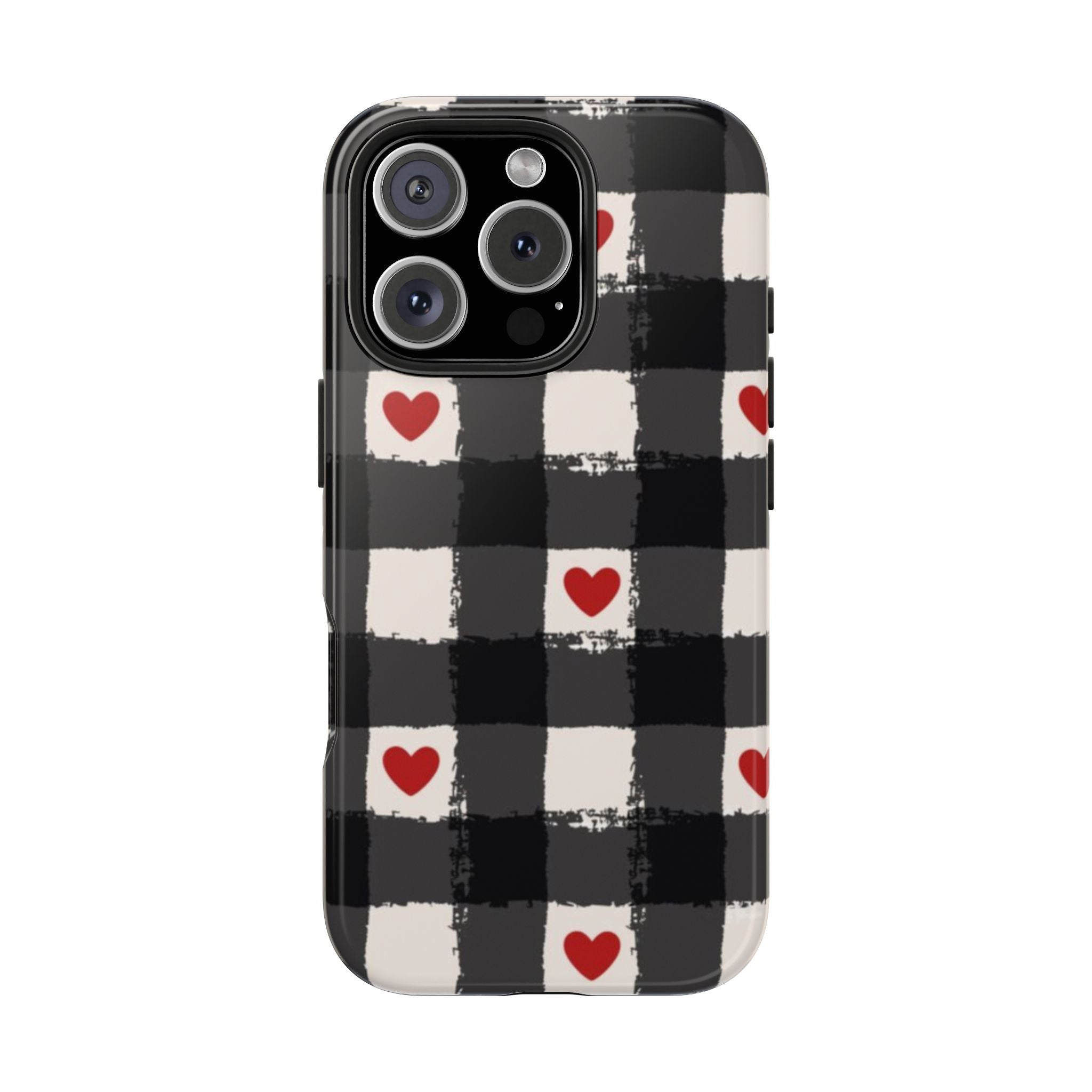 Black Buffalo Plaid Phone Case with Red Hearts