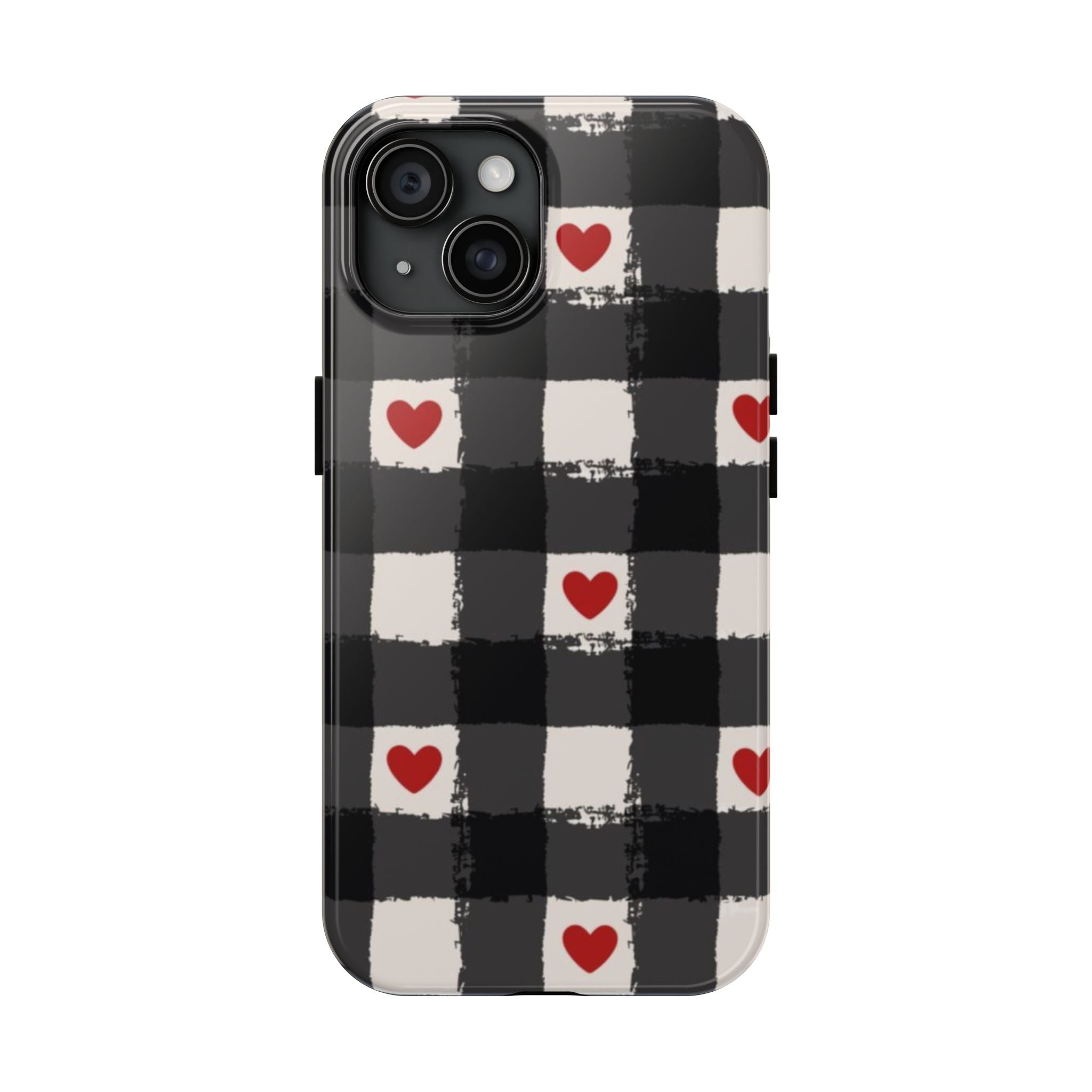 Black Buffalo Plaid Phone Case with Red Hearts