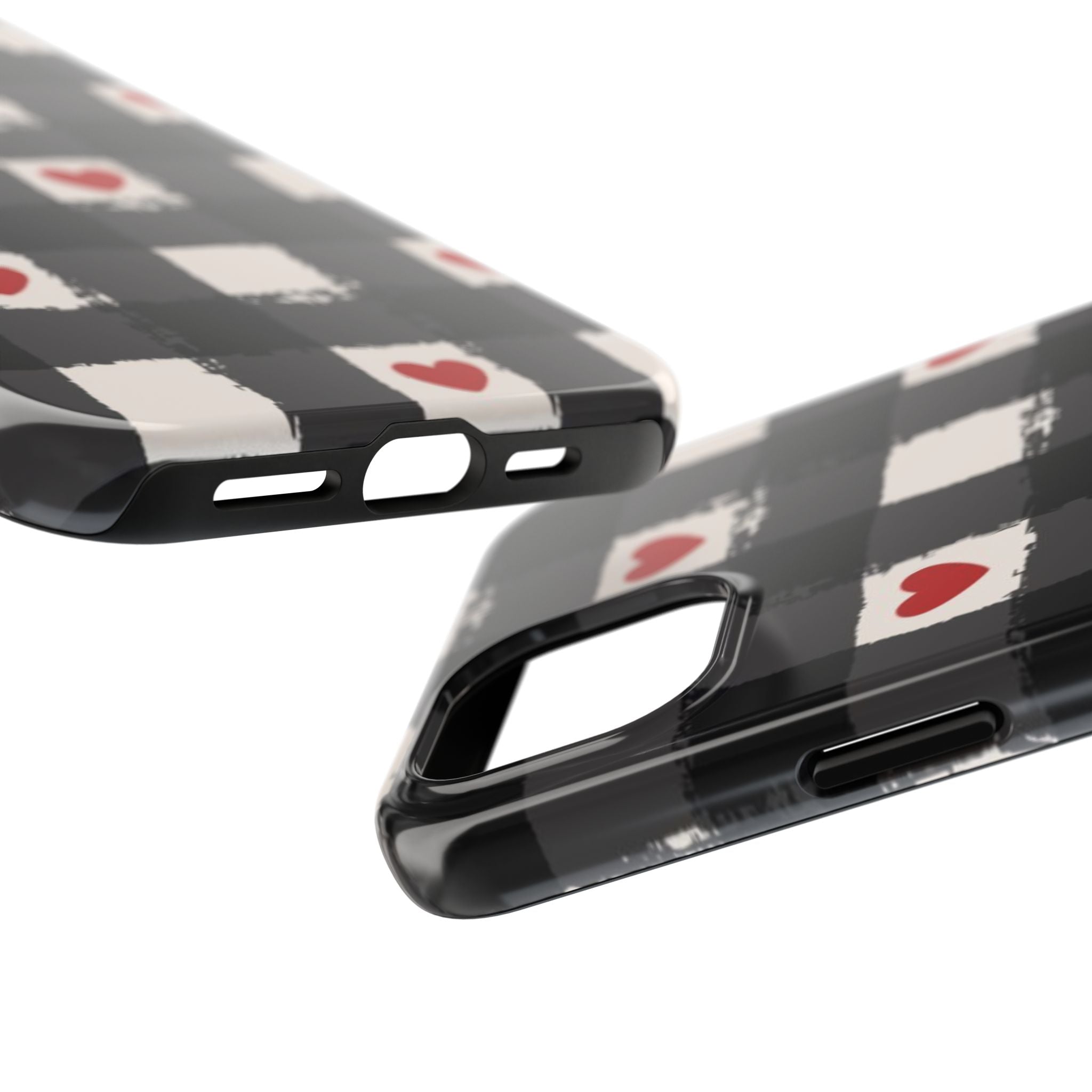 Black Buffalo Plaid Phone Case with Red Hearts