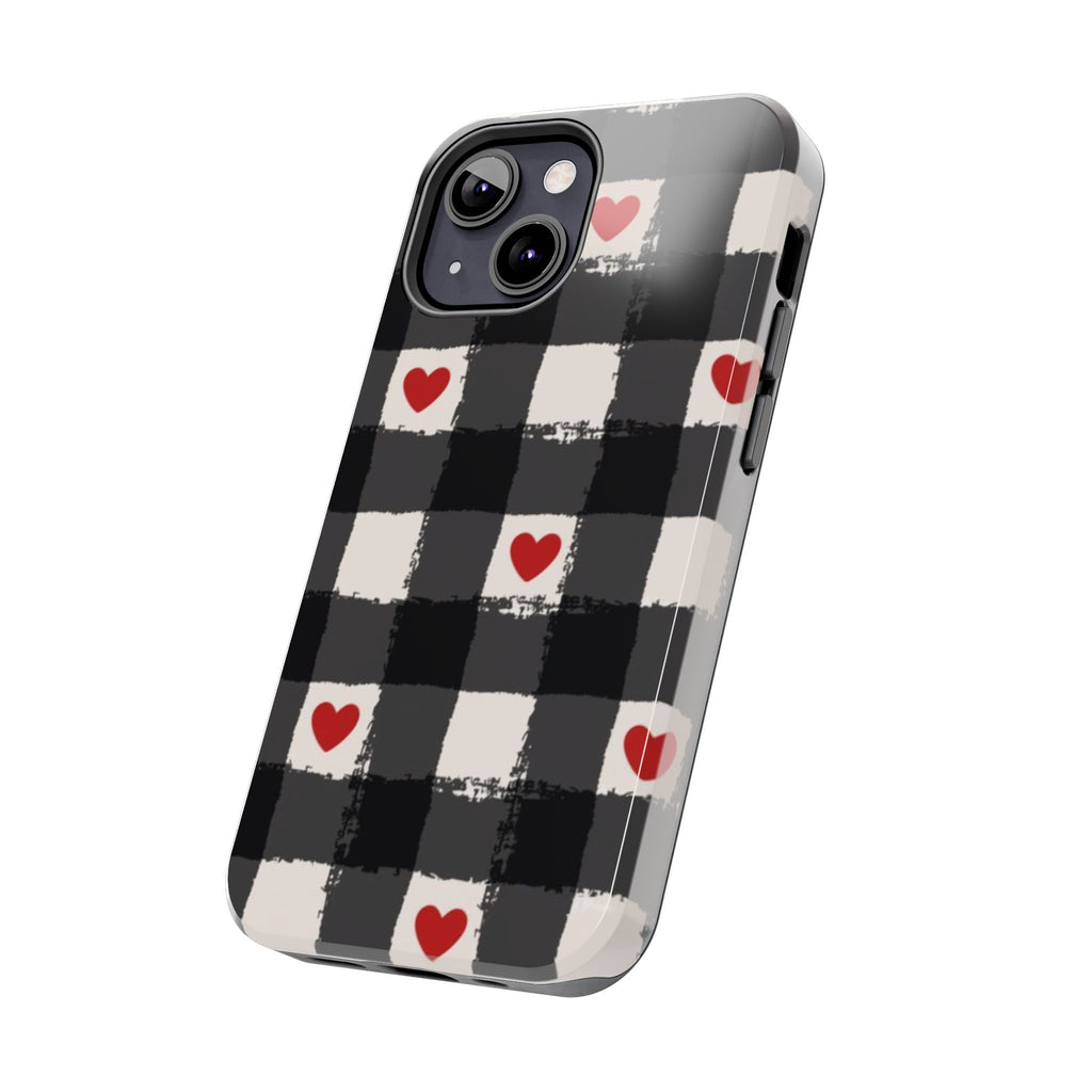 Black Buffalo Plaid Phone Case with Red Hearts
