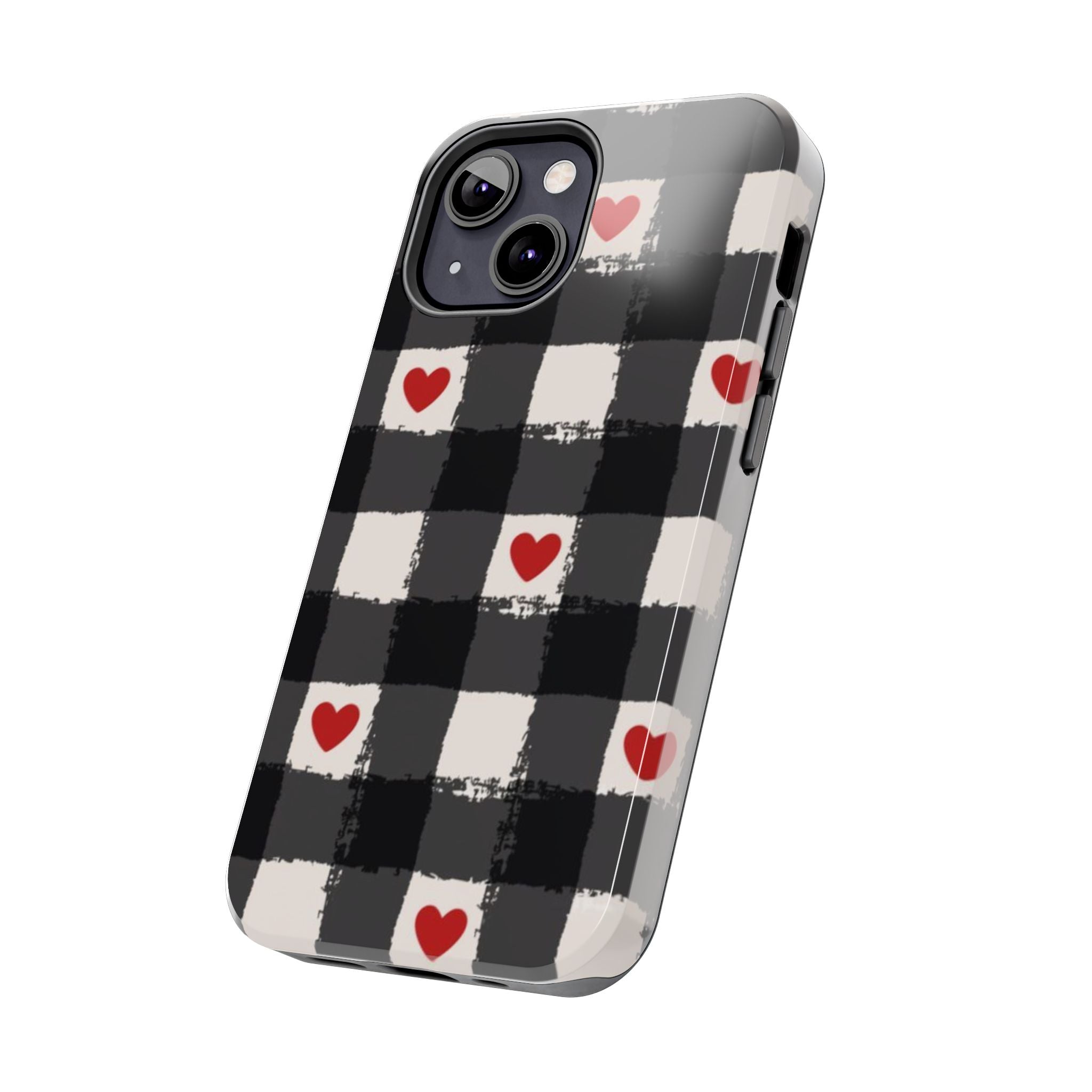 Black Buffalo Plaid Phone Case with Red Hearts