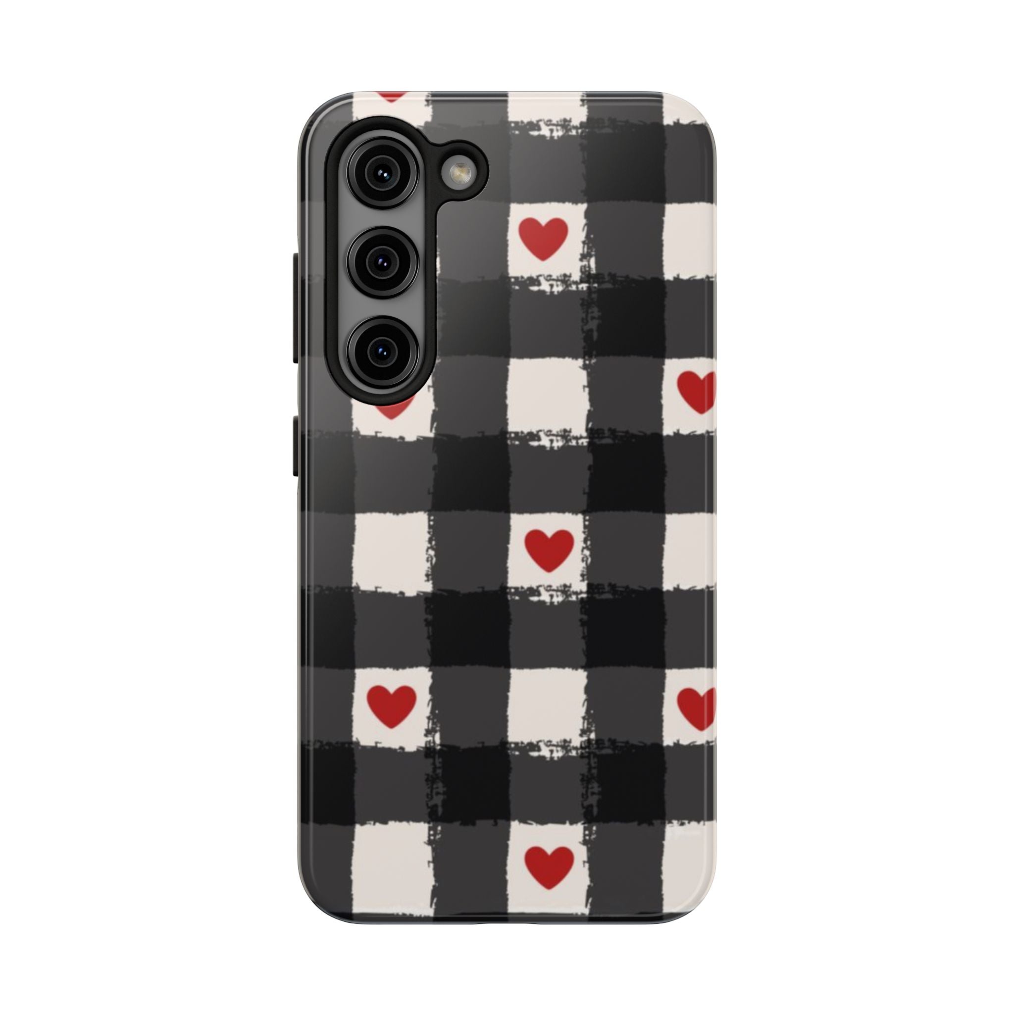 Black Buffalo Plaid Phone Case with Red Hearts