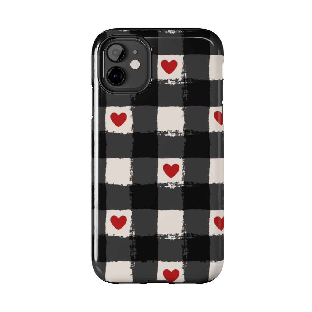 Black Buffalo Plaid Phone Case with Red Hearts