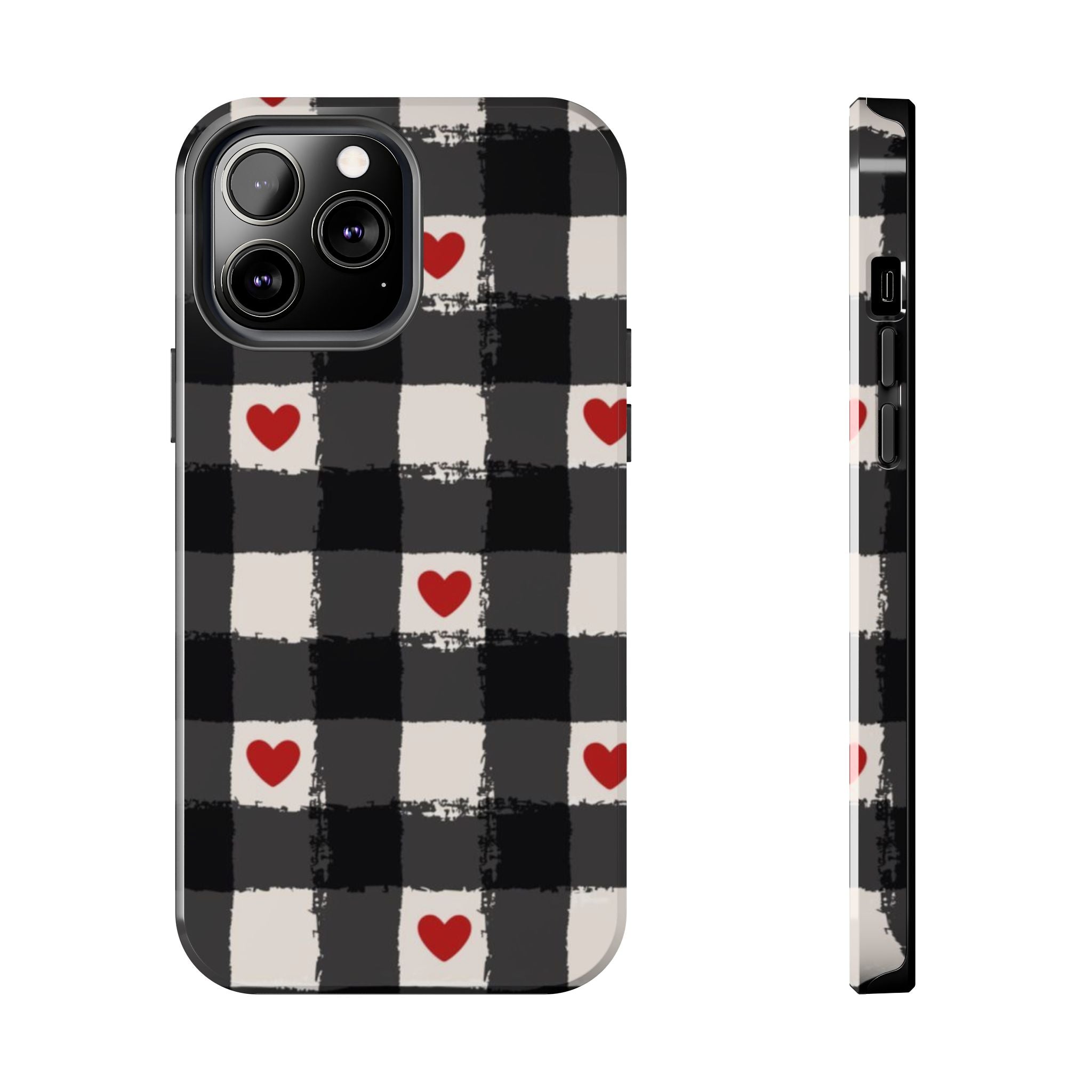 Black Buffalo Plaid Phone Case with Red Hearts