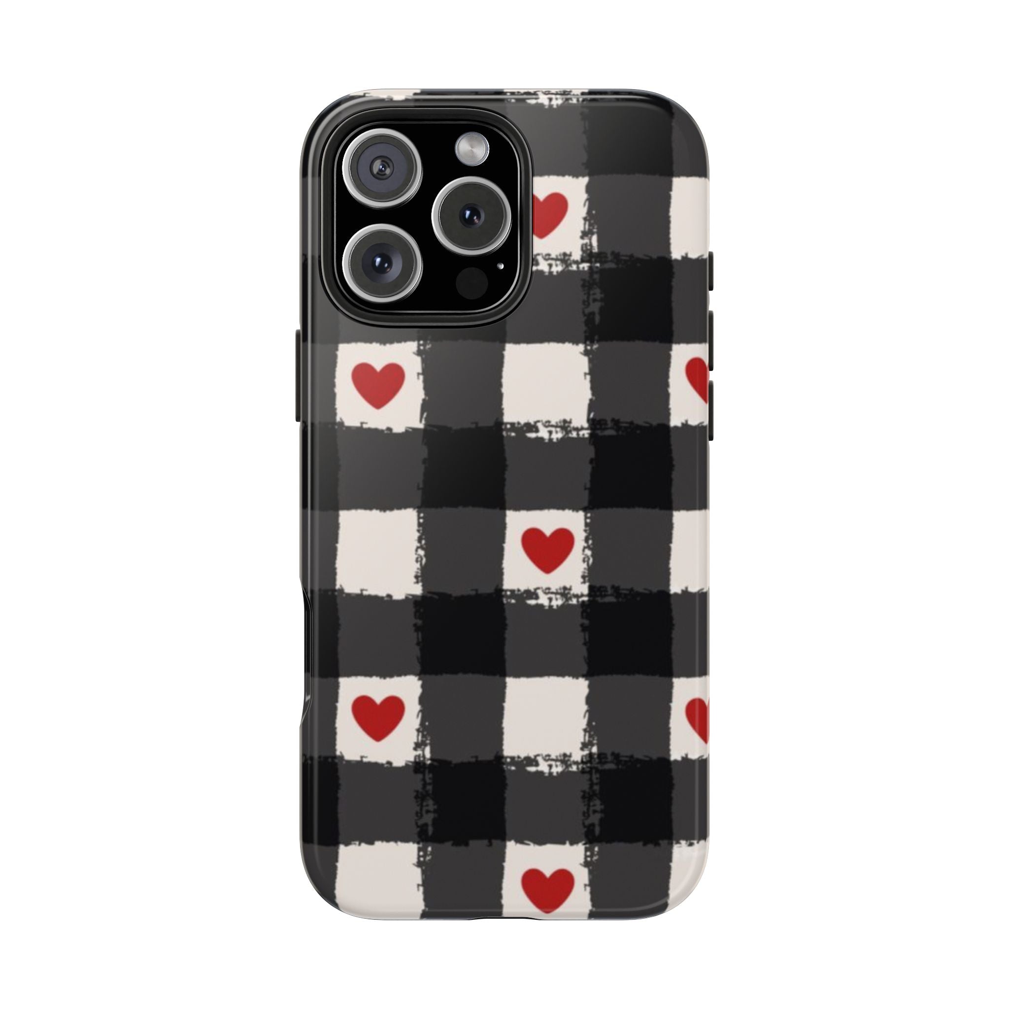 Black Buffalo Plaid Phone Case with Red Hearts