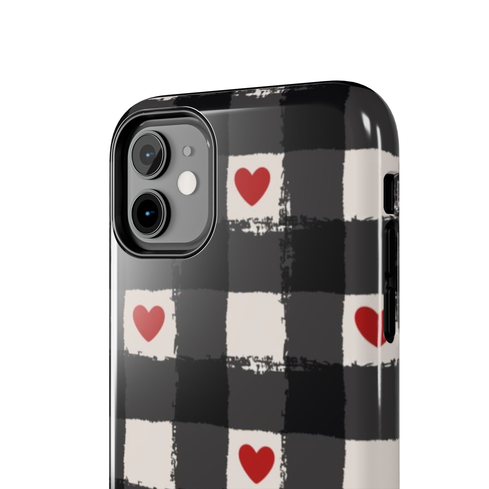 Black Buffalo Plaid Phone Case with Red Hearts