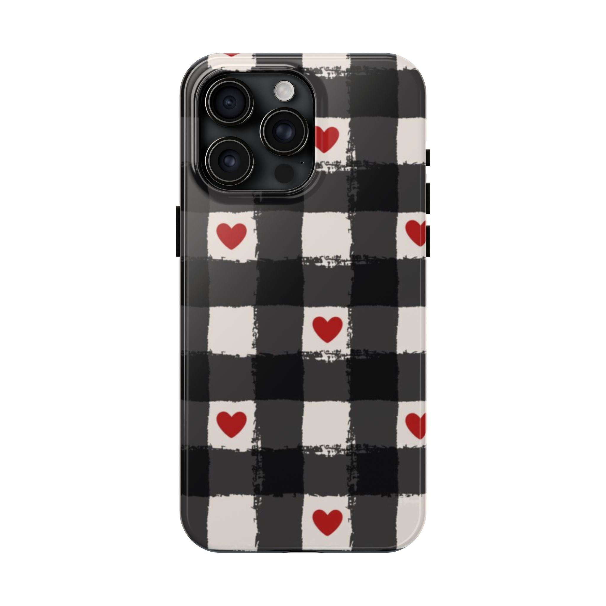 Black Buffalo Plaid Phone Case with Red Hearts
