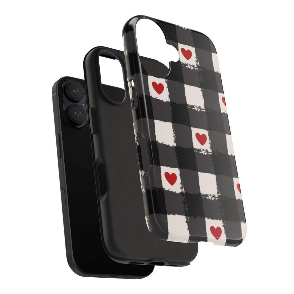 Black Buffalo Plaid Phone Case with Red Hearts