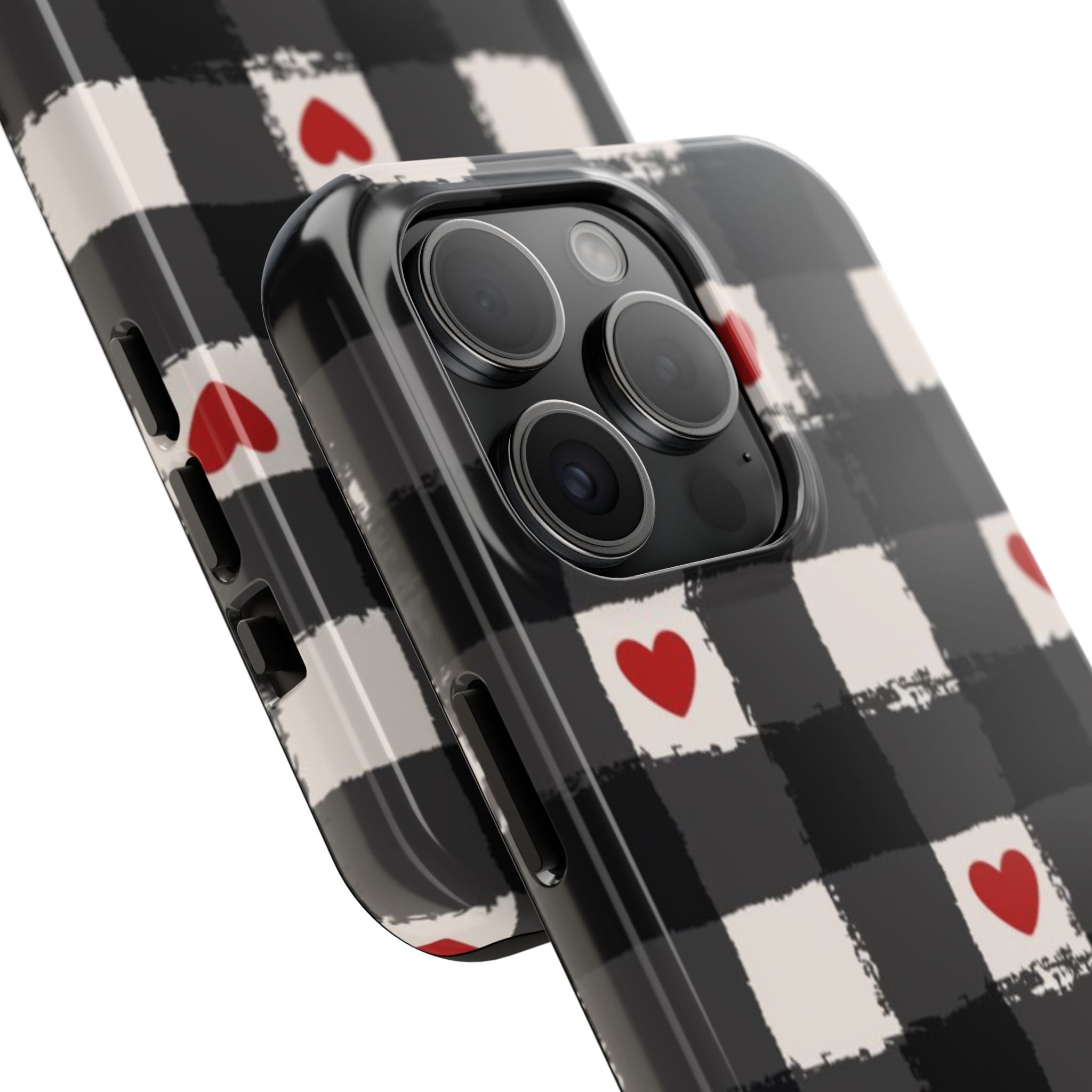 Black Buffalo Plaid Phone Case with Red Hearts