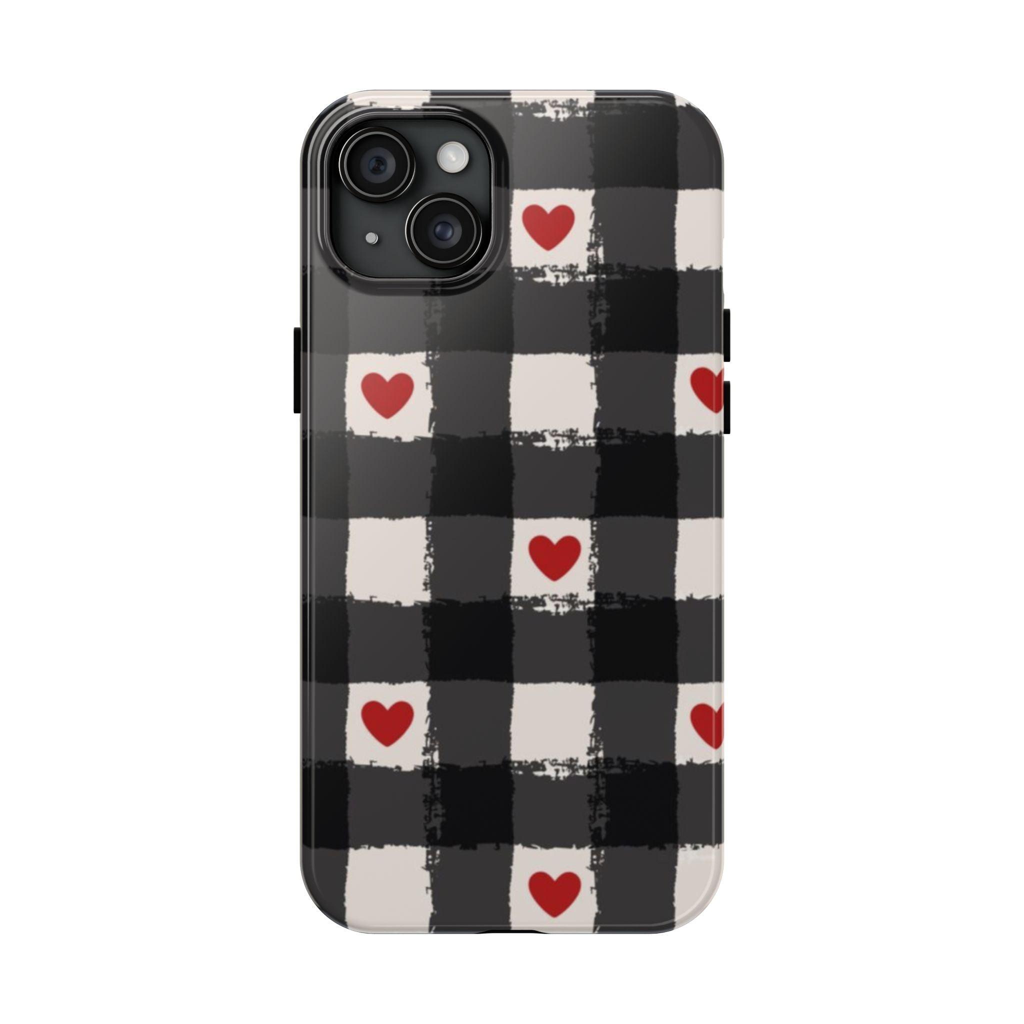 Black Buffalo Plaid Phone Case with Red Hearts