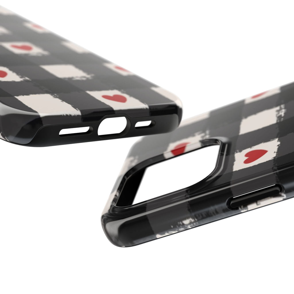Black Buffalo Plaid Phone Case with Red Hearts