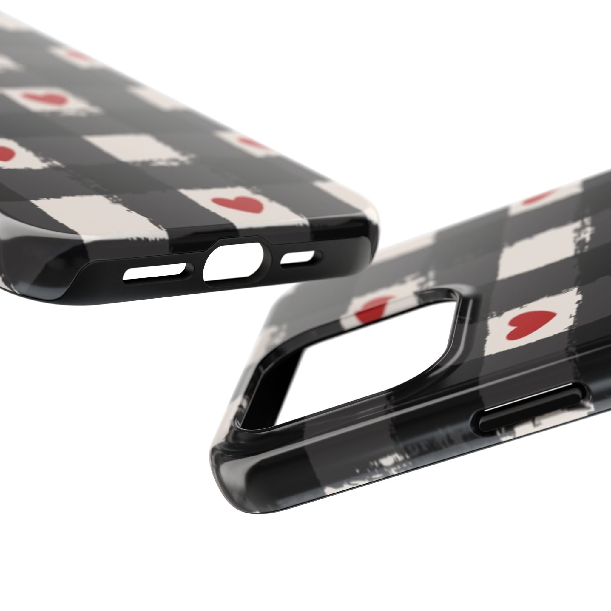 Black Buffalo Plaid Phone Case with Red Hearts