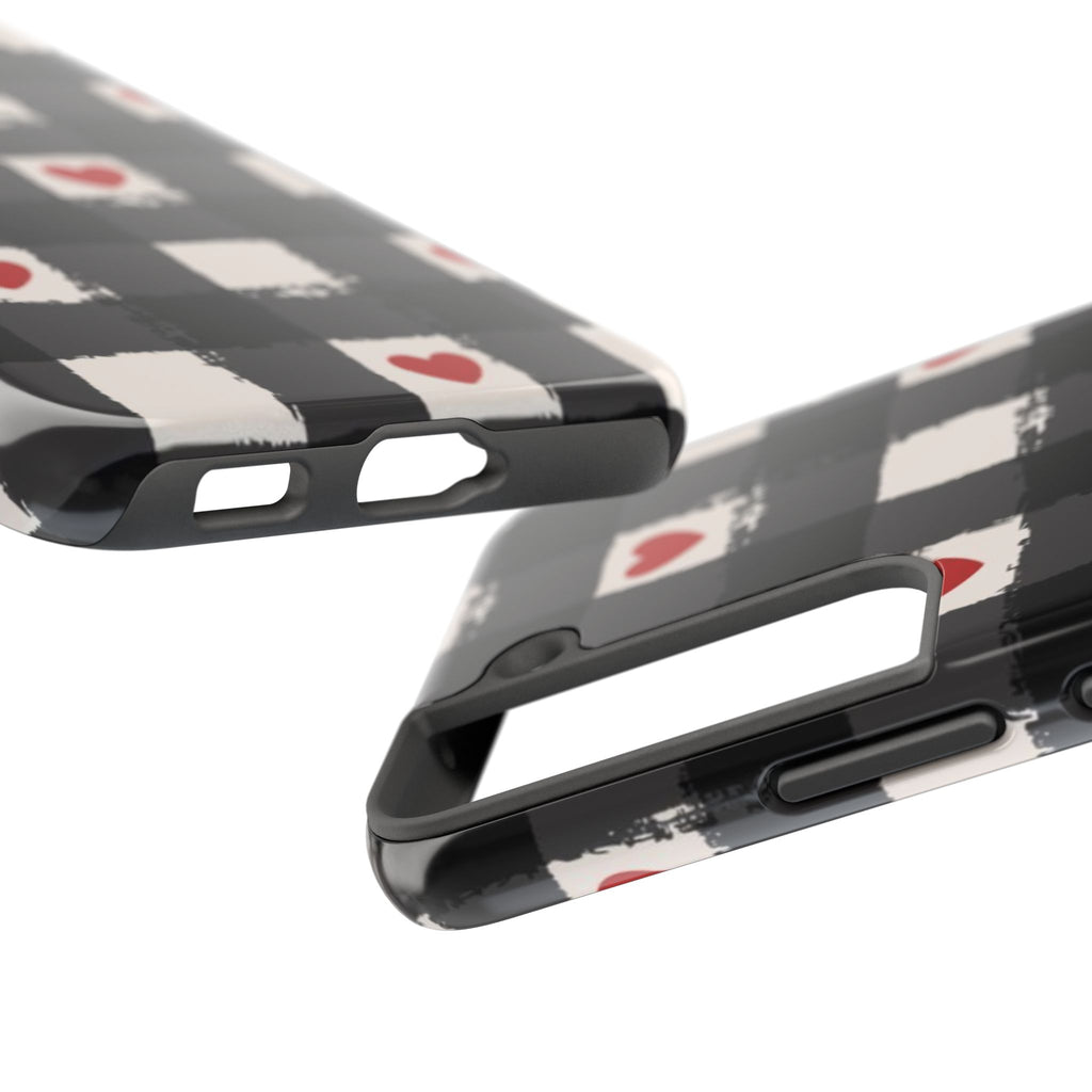 Black Buffalo Plaid Phone Case with Red Hearts