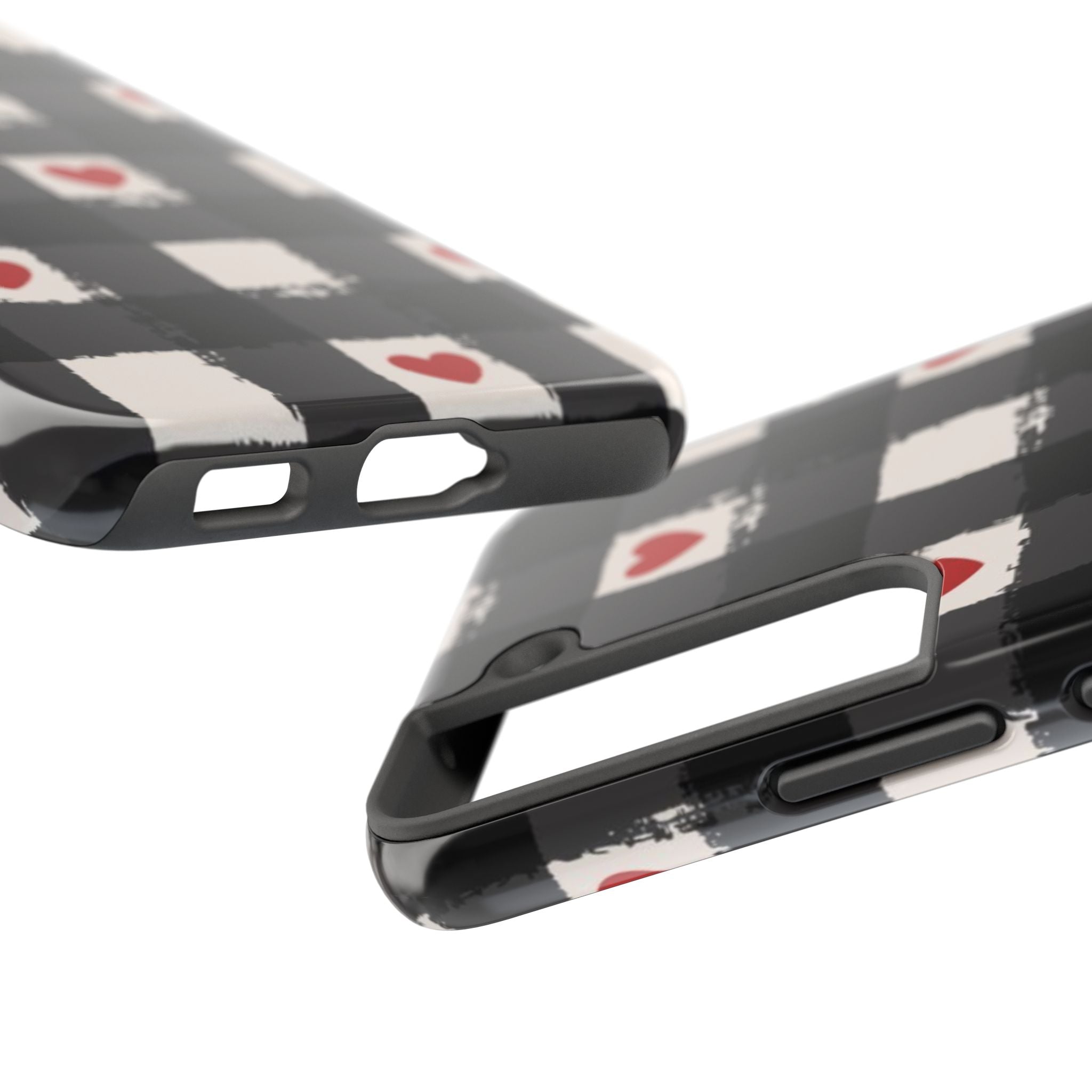 Black Buffalo Plaid Phone Case with Red Hearts