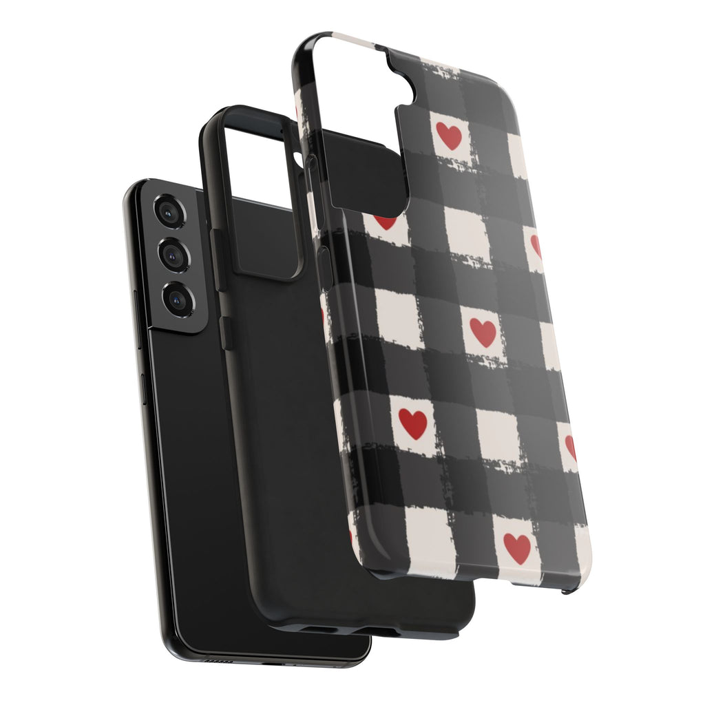 Black Buffalo Plaid Phone Case with Red Hearts