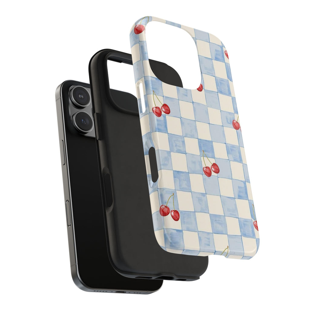 Retro Blue Plaid Cherry Pattern Phone Case