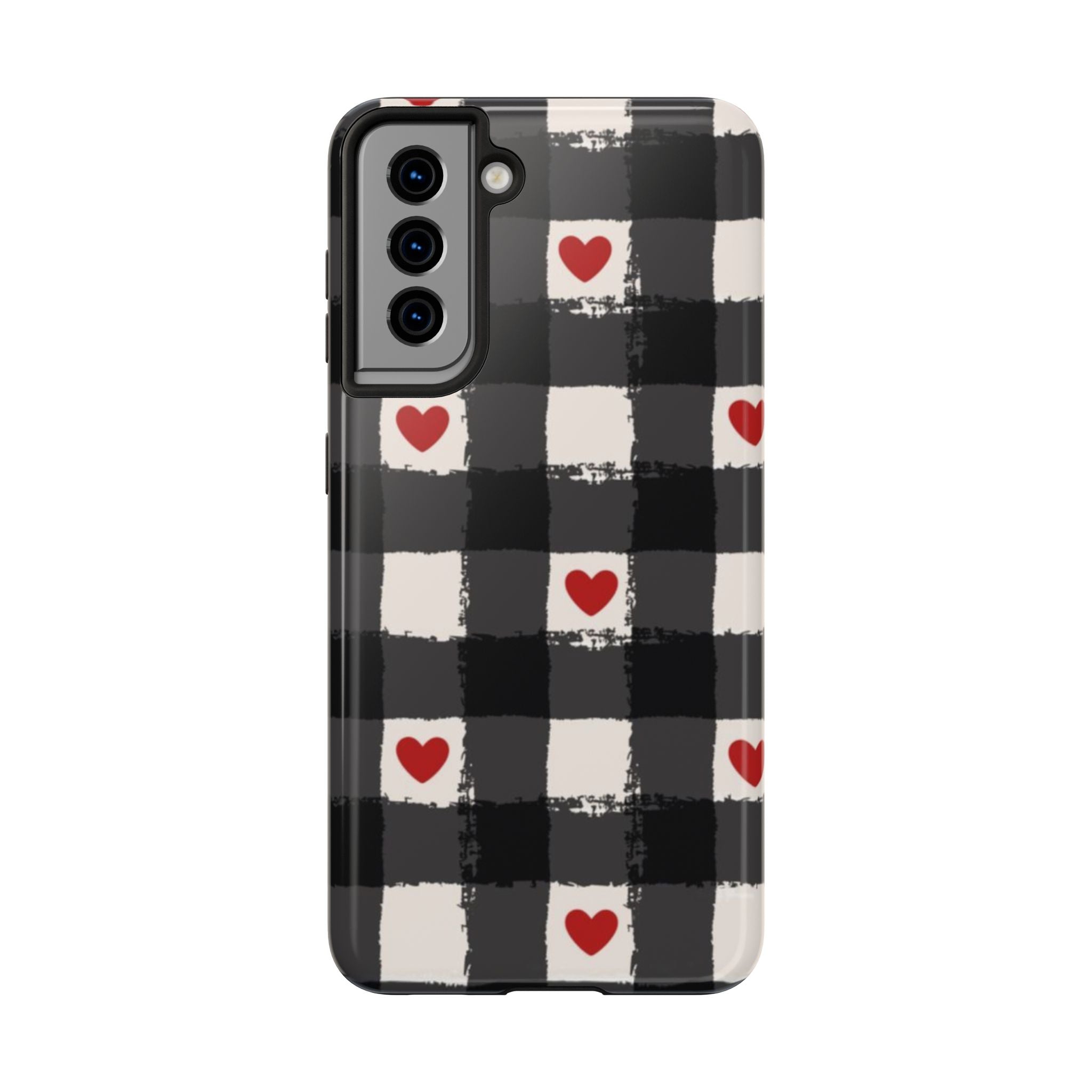 Black Buffalo Plaid Phone Case with Red Hearts