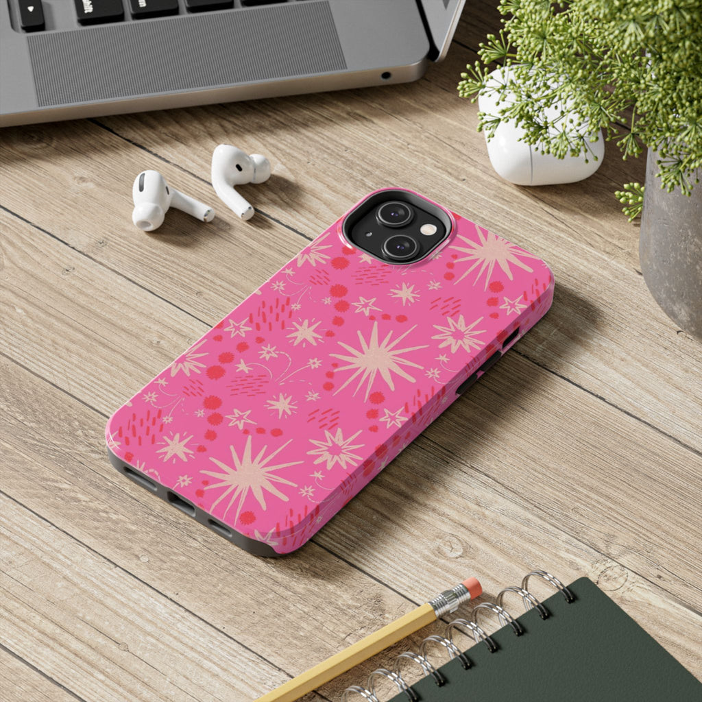 Tough Phone Case — Pink Retro Starburst Floral Protective Cover