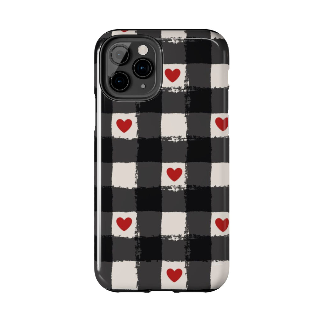 Black Buffalo Plaid Phone Case with Red Hearts