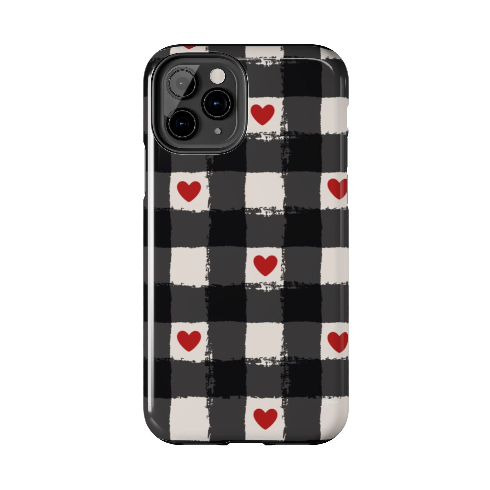 Black Buffalo Plaid Phone Case with Red Hearts
