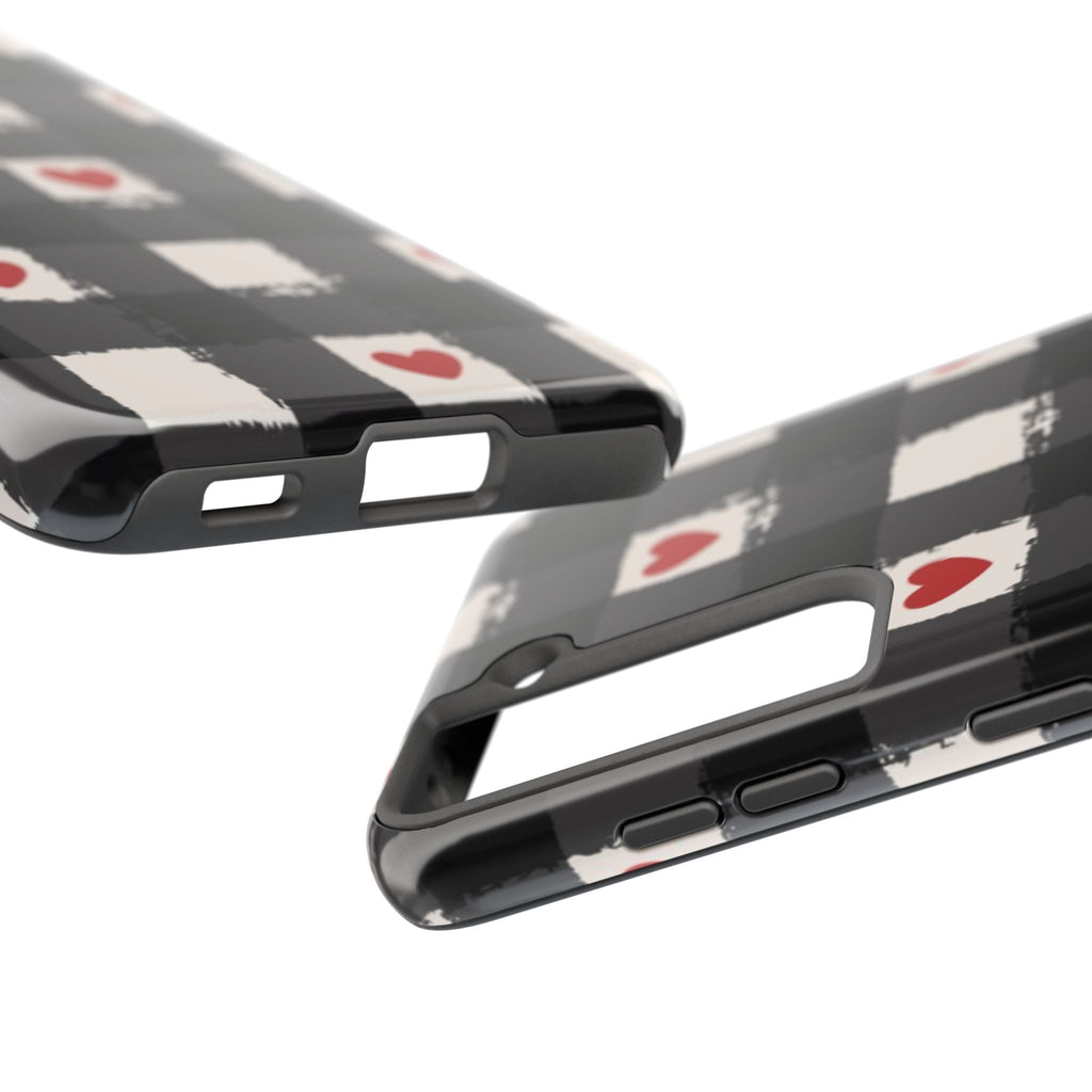 Black Buffalo Plaid Phone Case with Red Hearts