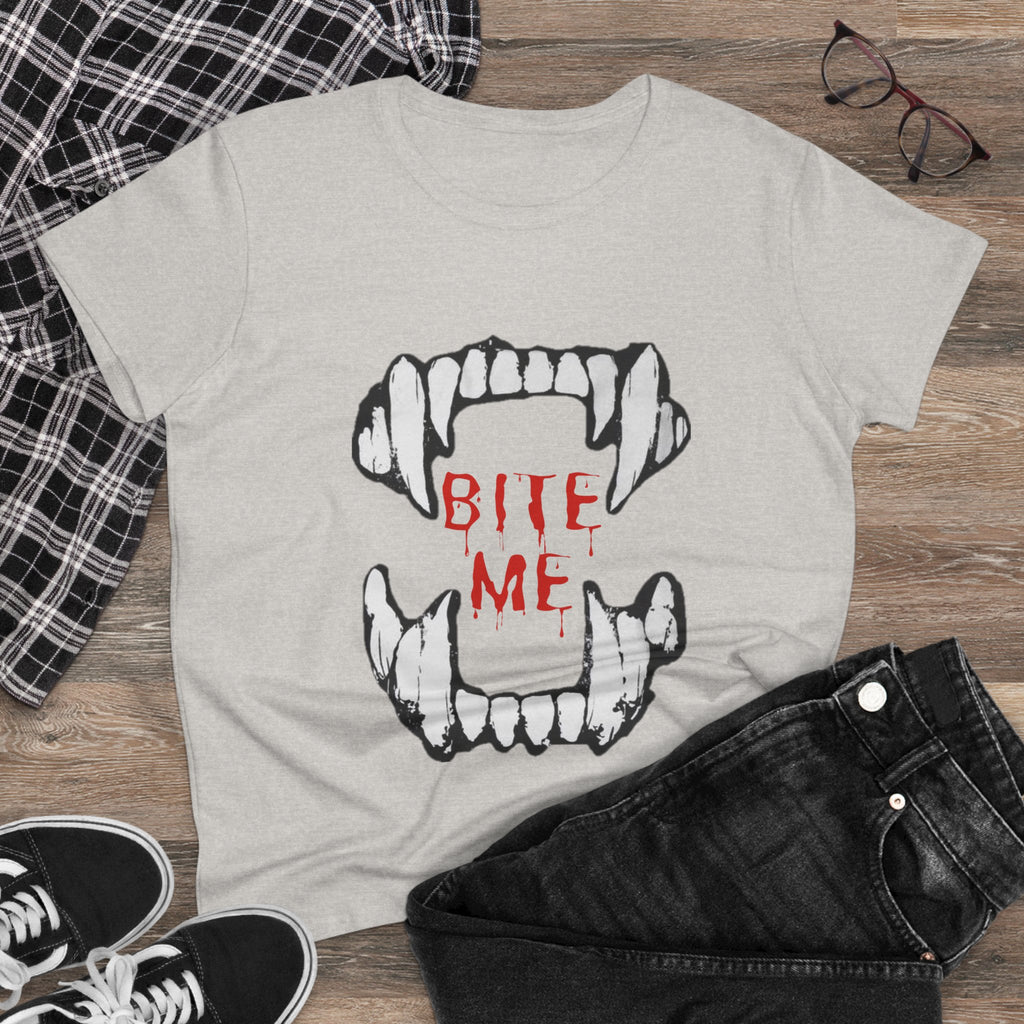 Women's Vampire Bite Tee, Halloween T-Shirt, Gothic Graphic Shirt, Cute Horror Tee, Casual Soft Cotton Top