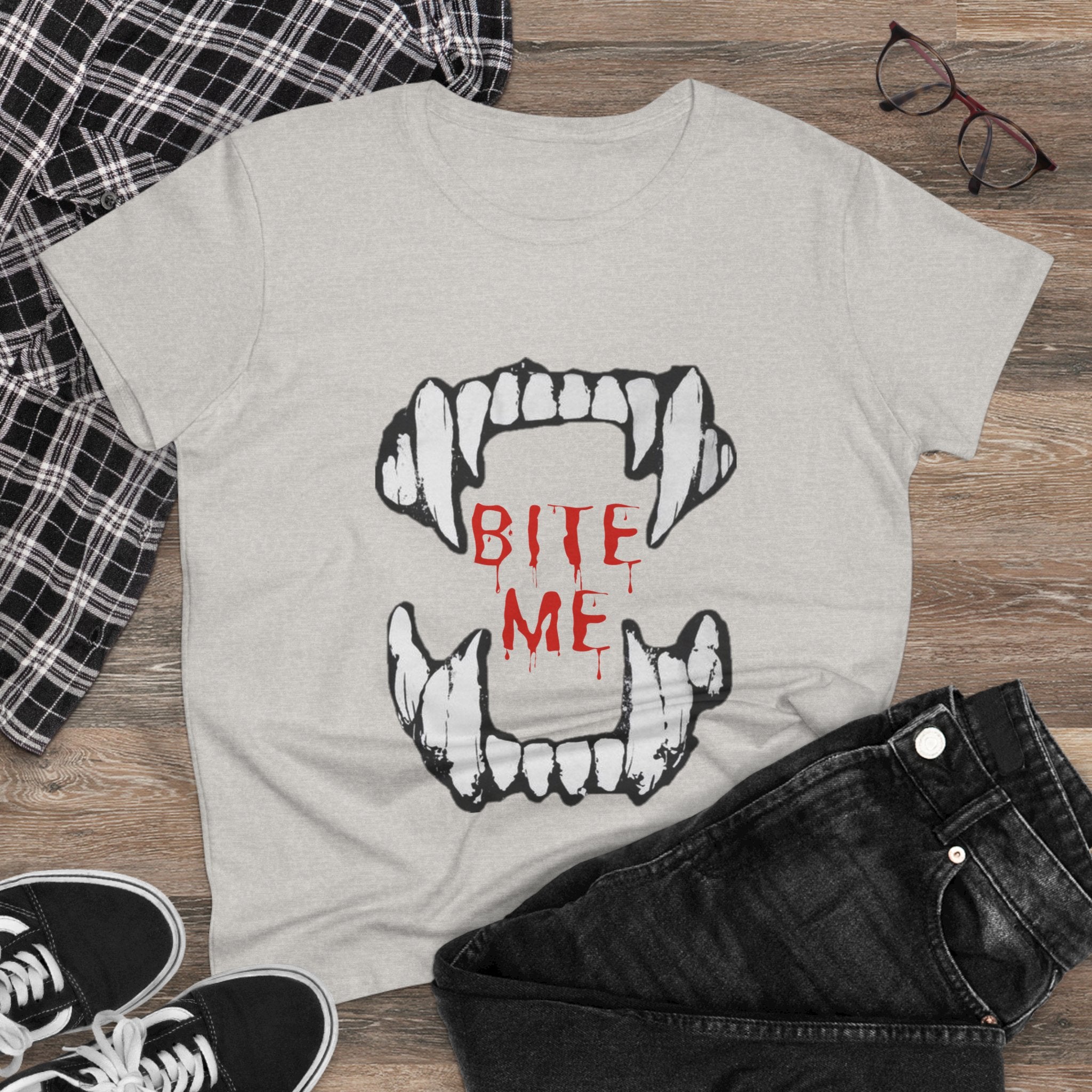 Women's Vampire Bite Tee, Halloween T-Shirt, Gothic Graphic Shirt, Cute Horror Tee, Casual Soft Cotton Top