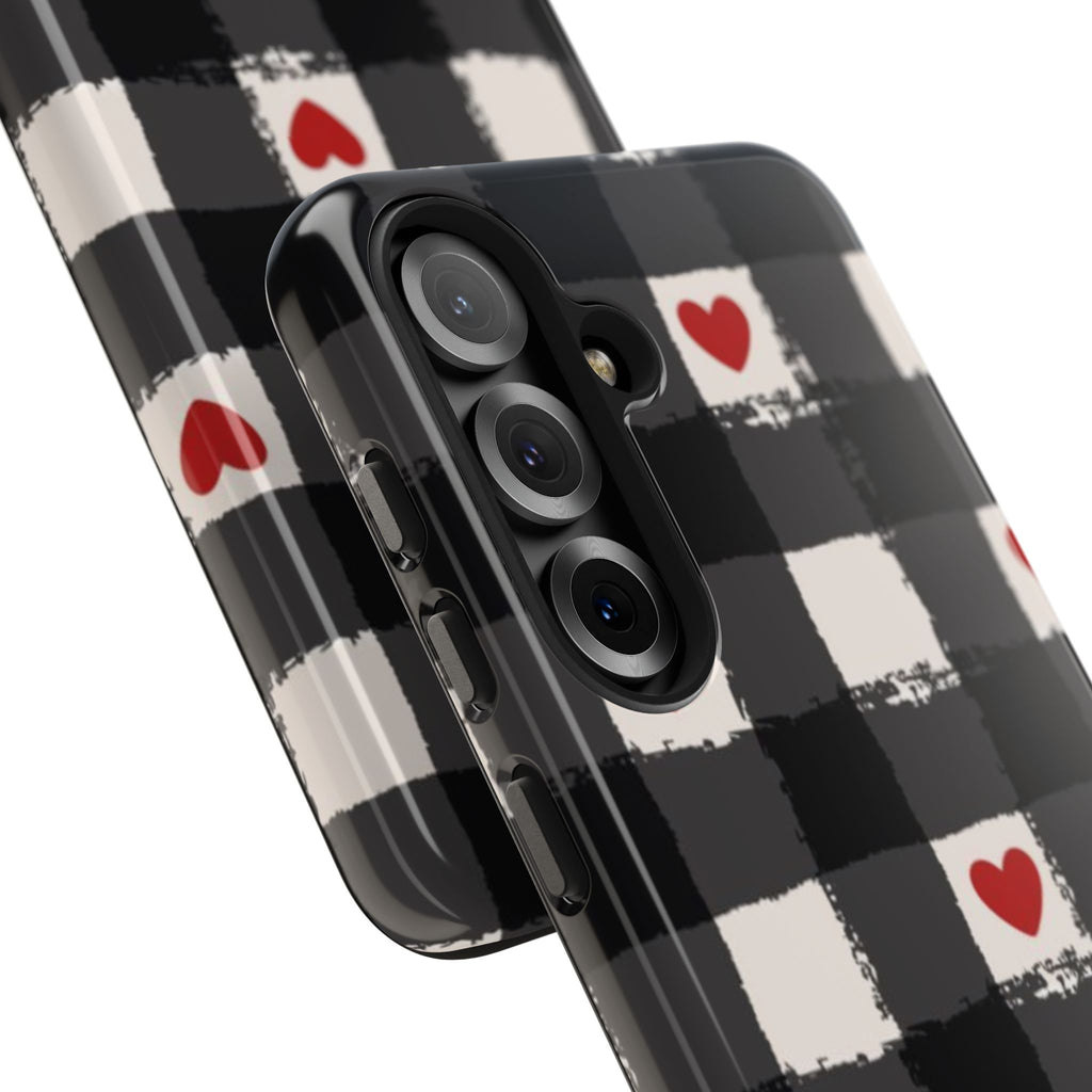 Black Buffalo Plaid Phone Case with Red Hearts