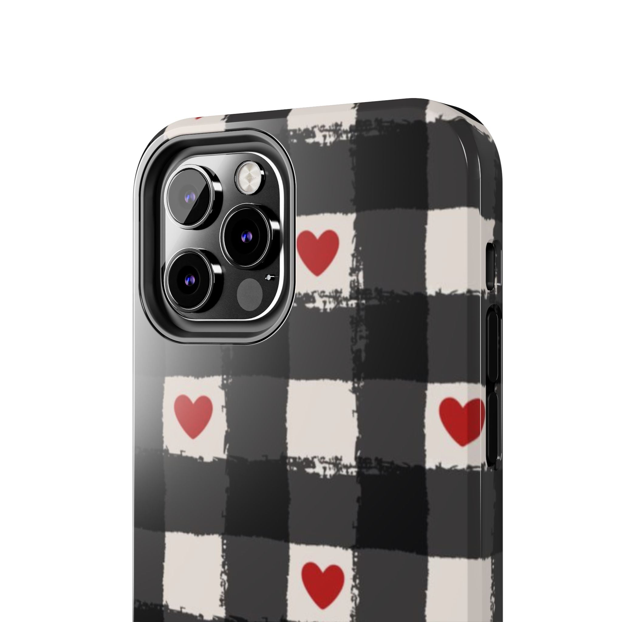 Black Buffalo Plaid Phone Case with Red Hearts