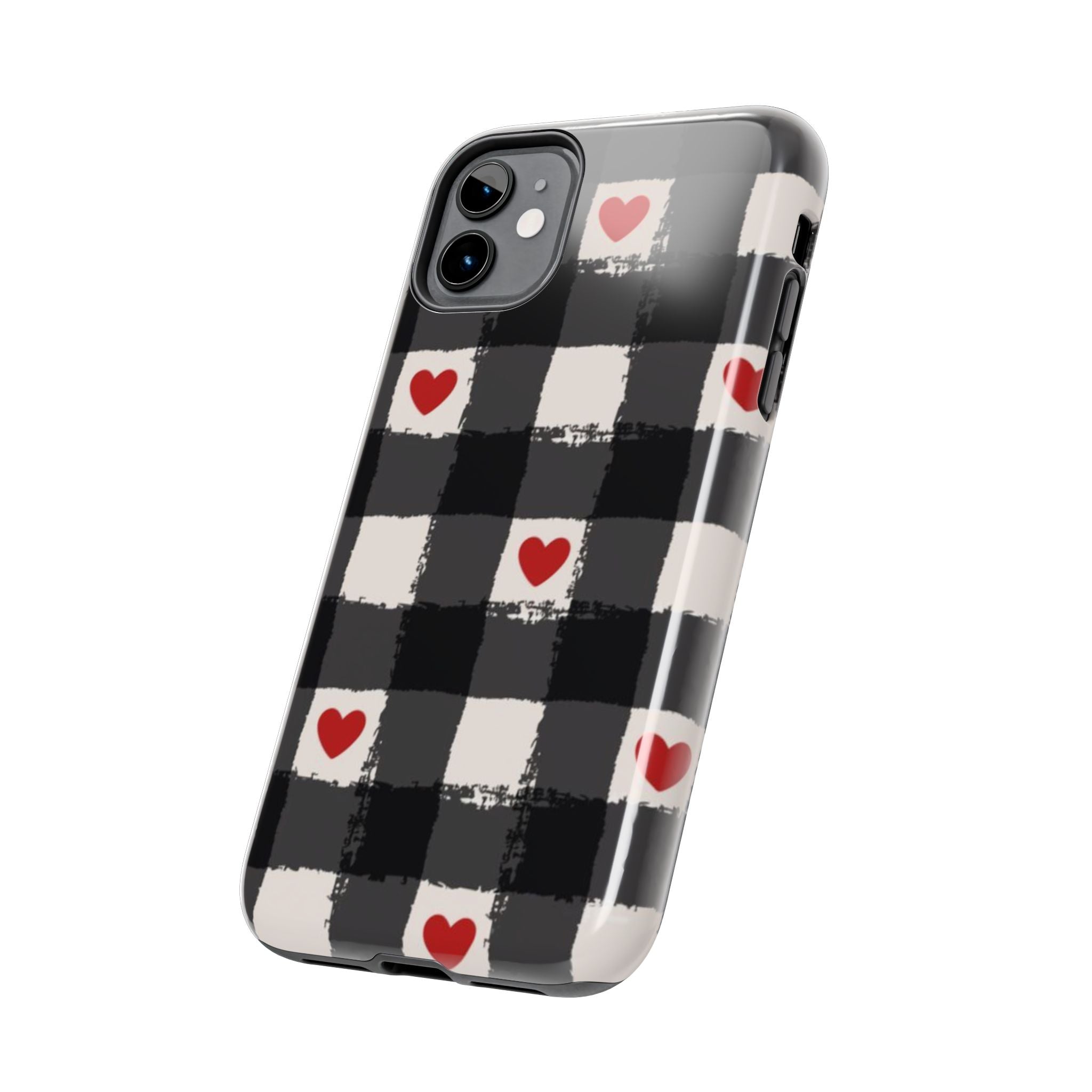 Black Buffalo Plaid Phone Case with Red Hearts