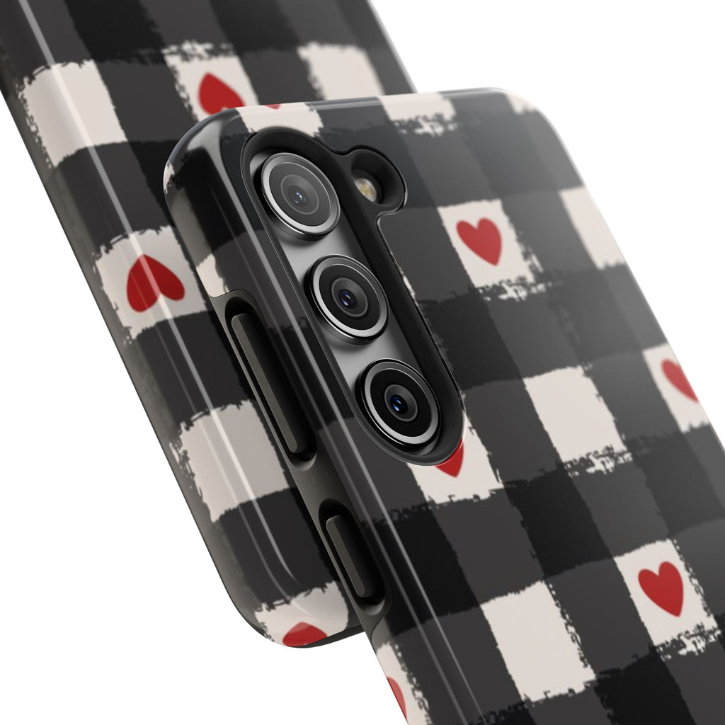 Black Buffalo Plaid Phone Case with Red Hearts