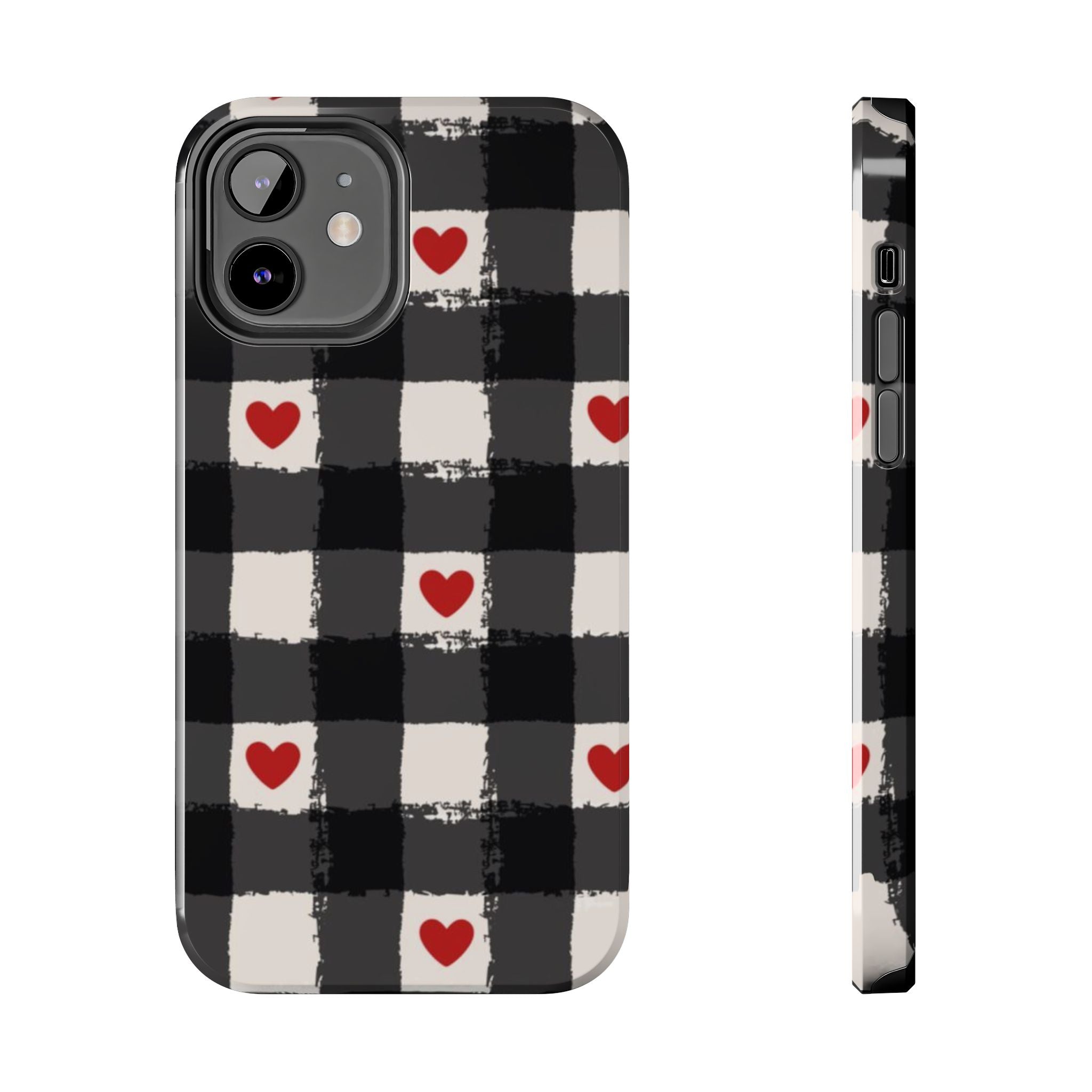 Black Buffalo Plaid Phone Case with Red Hearts