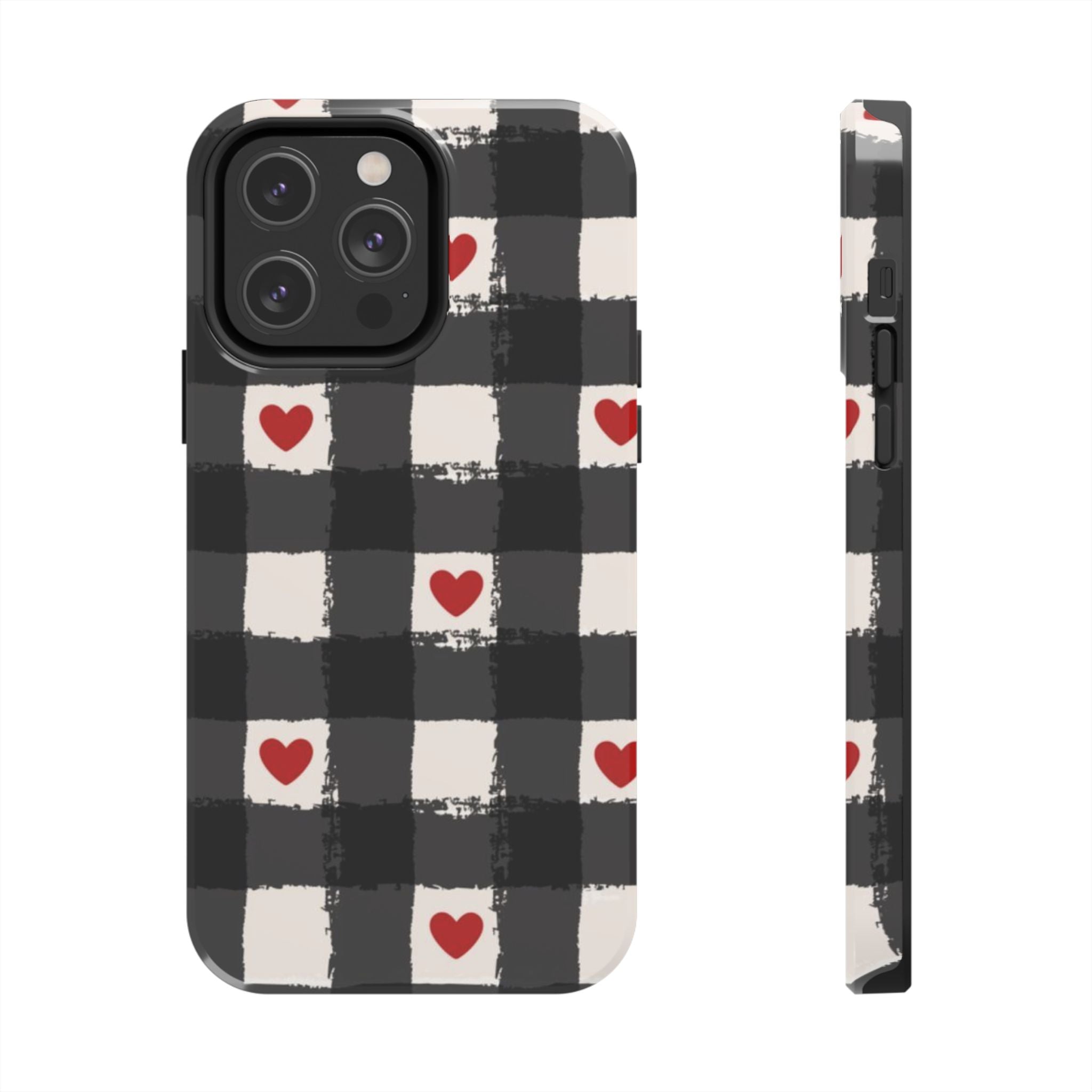 Black Buffalo Plaid Phone Case with Red Hearts