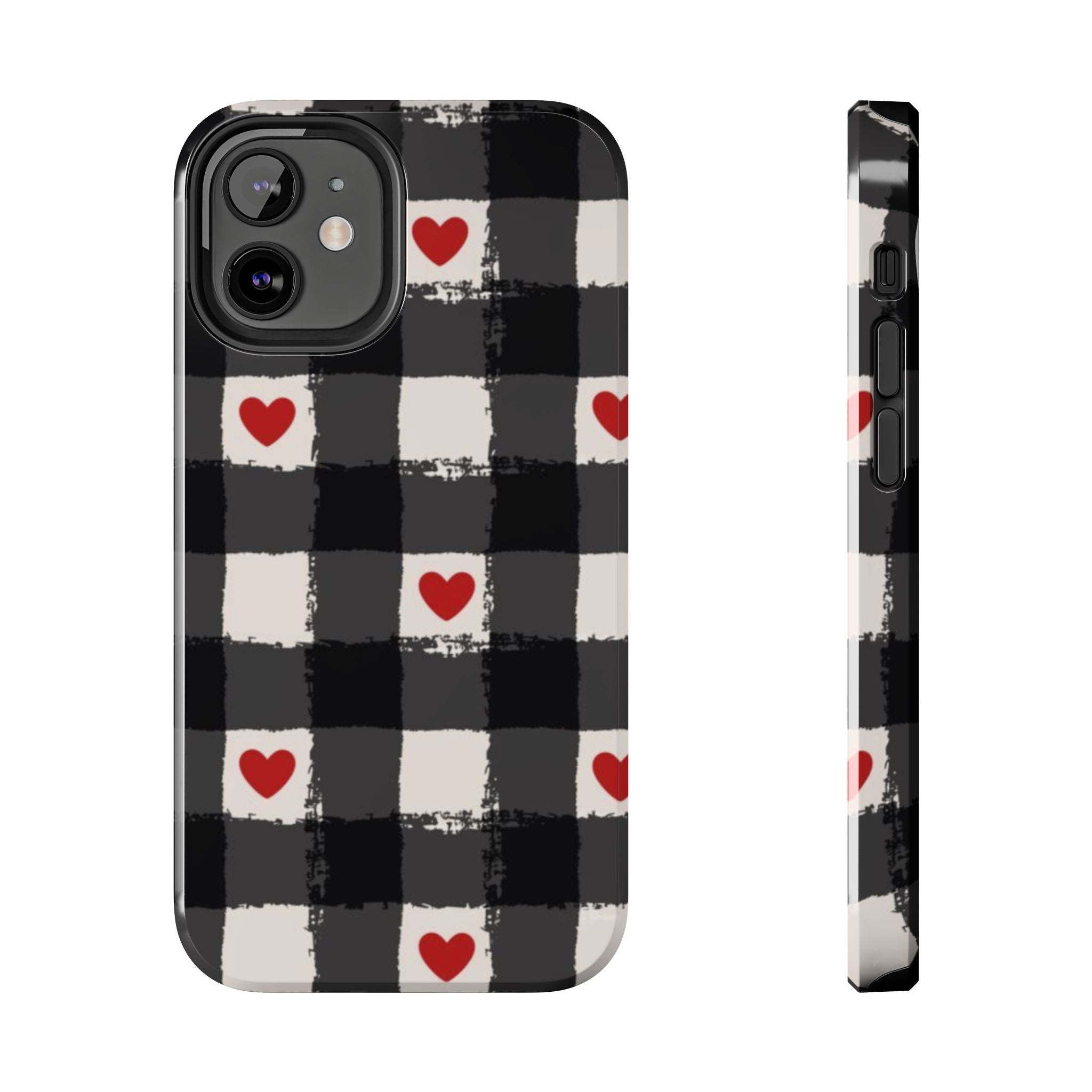 Black Buffalo Plaid Phone Case with Red Hearts