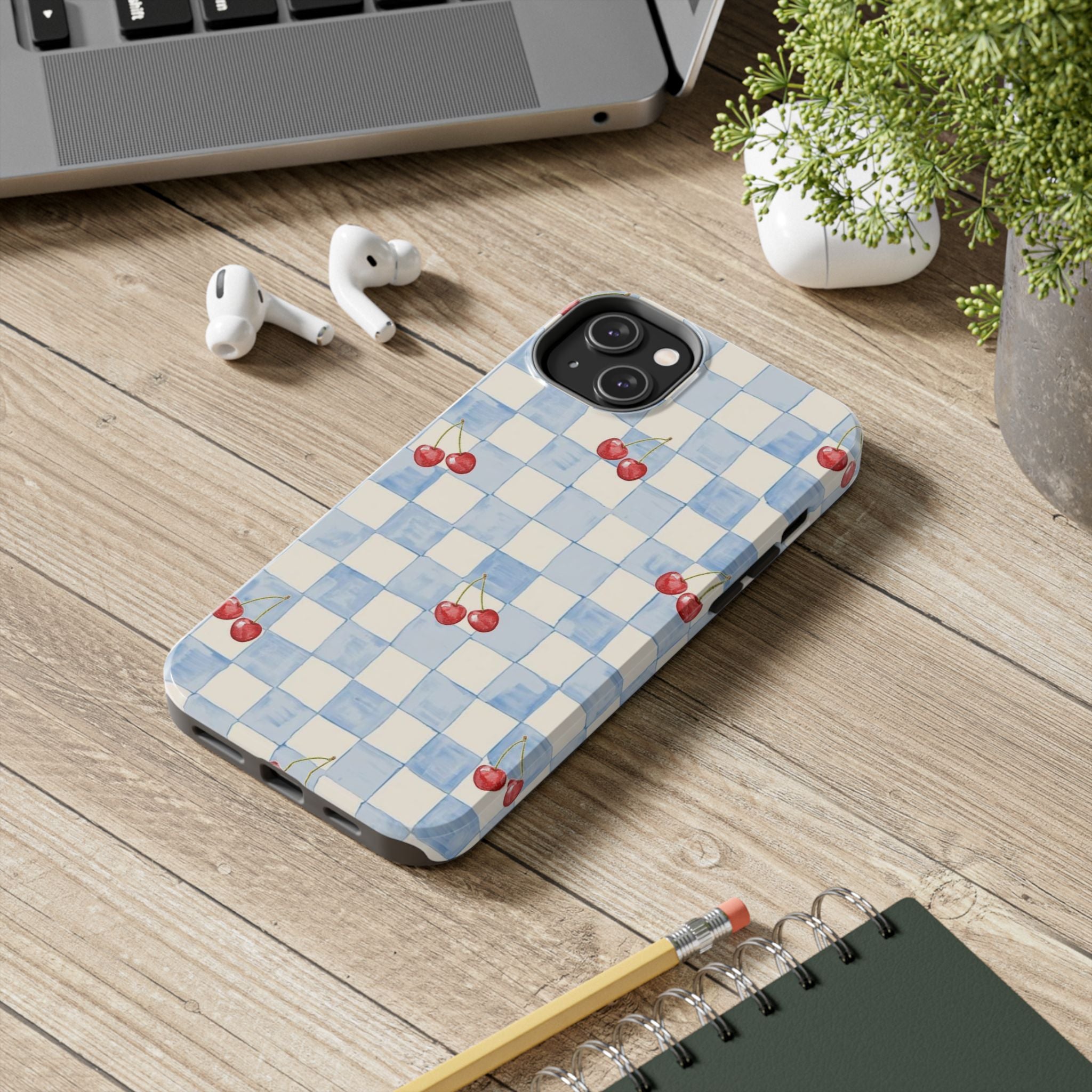 Retro Blue Plaid Cherry Pattern Phone Case