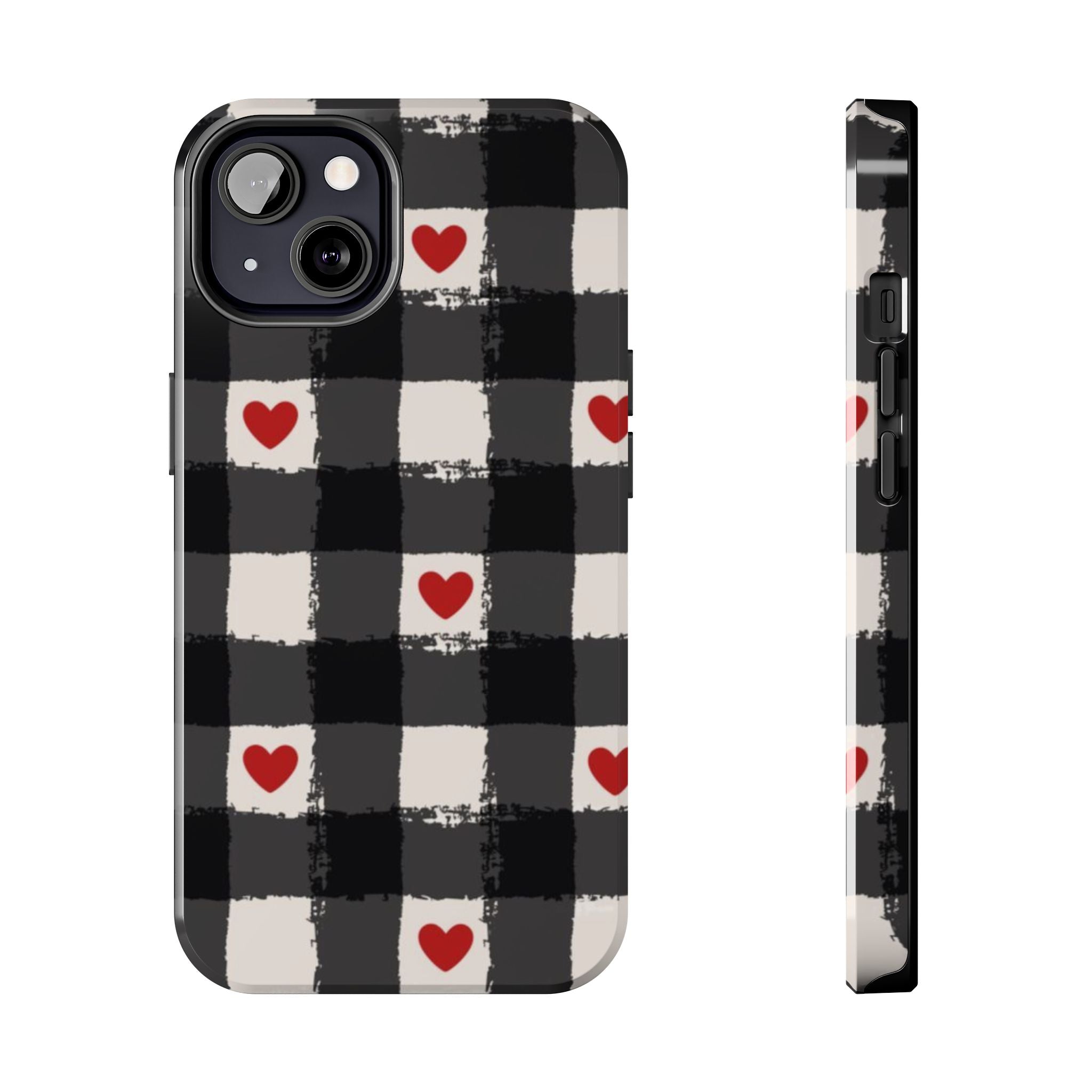 Black Buffalo Plaid Phone Case with Red Hearts