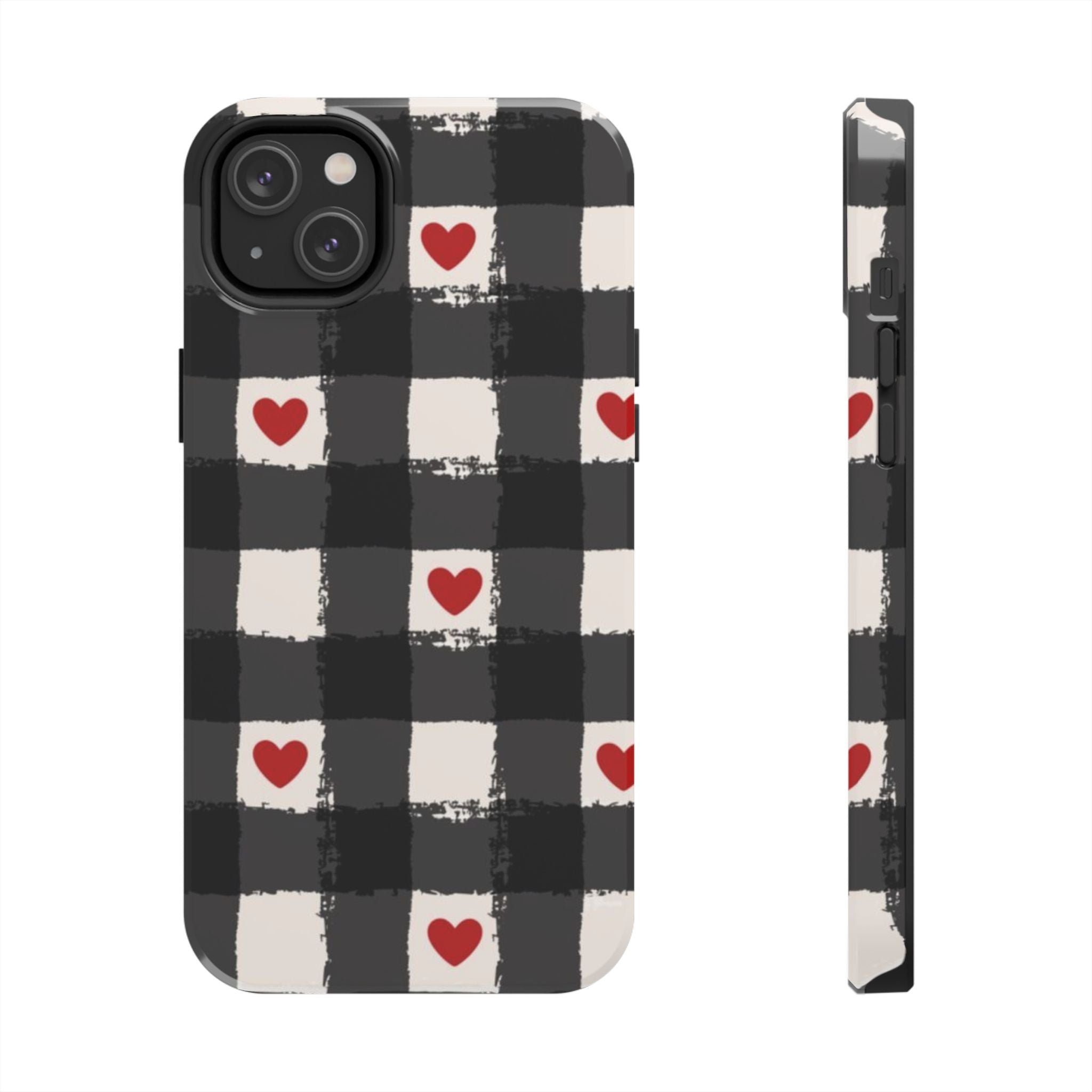 Black Buffalo Plaid Phone Case with Red Hearts