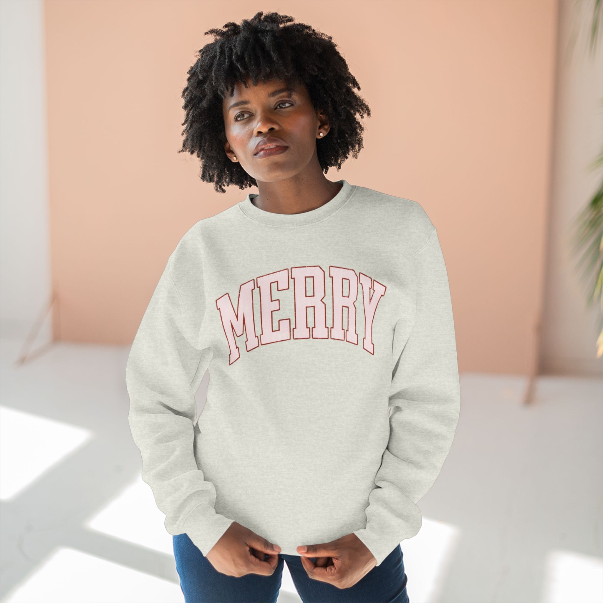 Merry Crewneck Sweatshirt — Cozy Holiday Pullover with Pink Collegiate Script