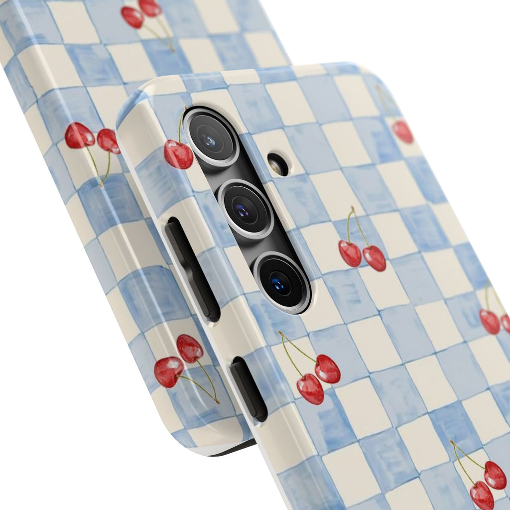 Retro Blue Plaid Cherry Pattern Phone Case