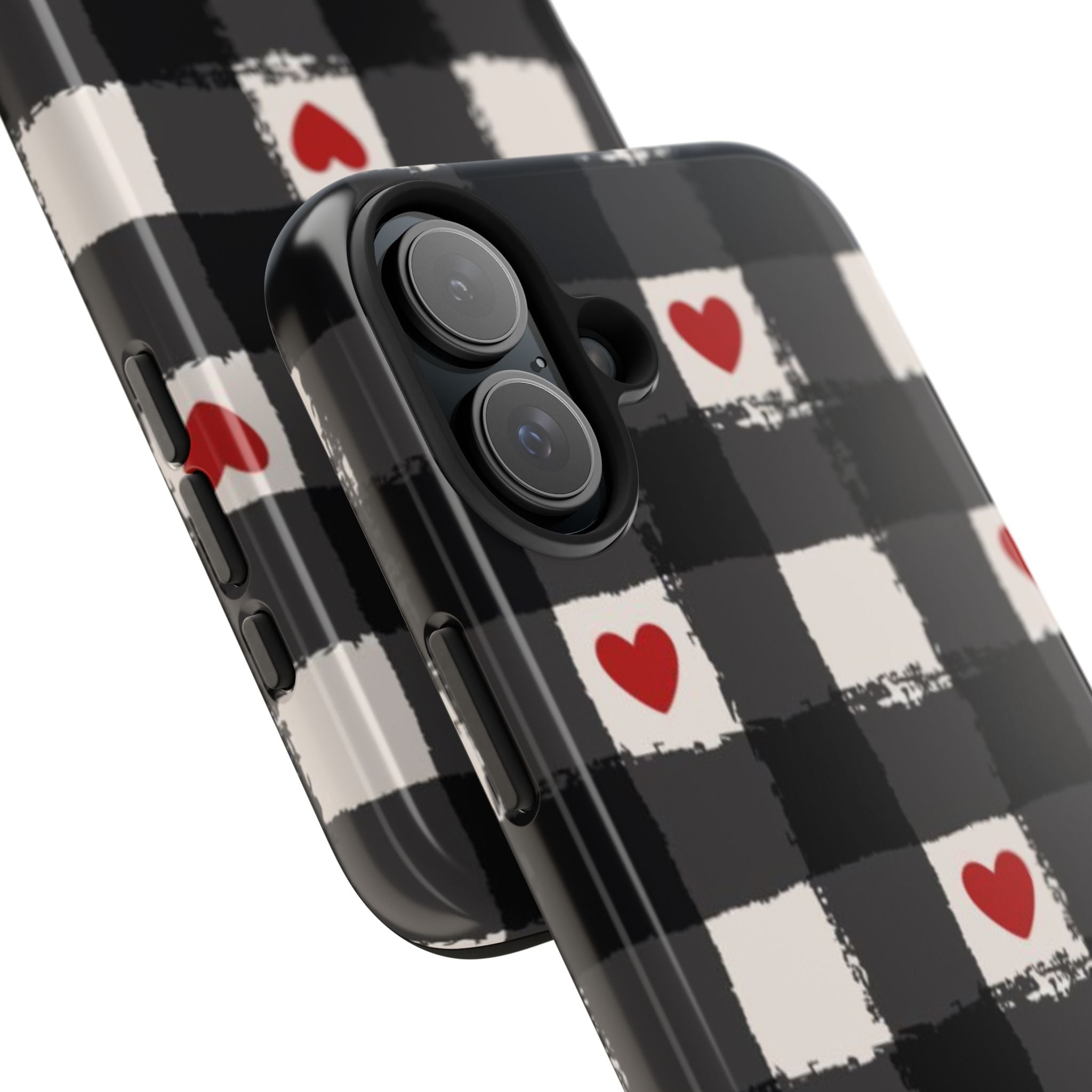 Black Buffalo Plaid Phone Case with Red Hearts
