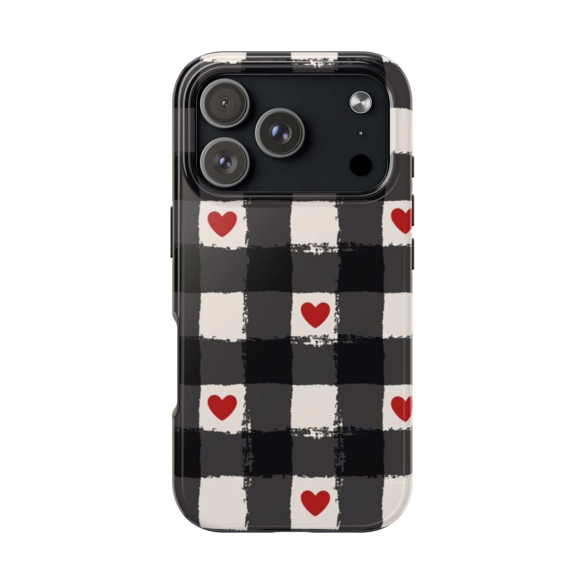 Black Buffalo Plaid Phone Case with Red Hearts