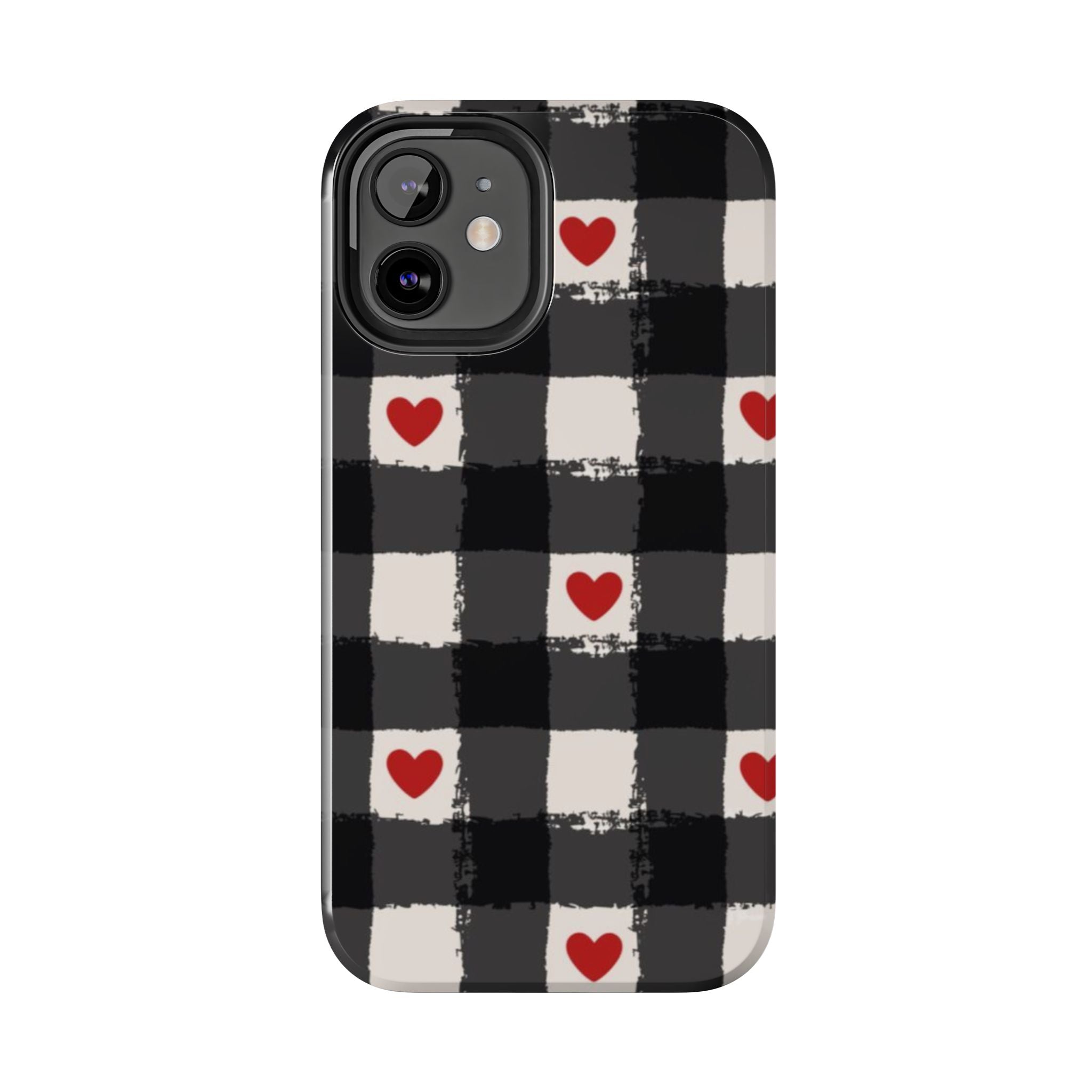 Black Buffalo Plaid Phone Case with Red Hearts