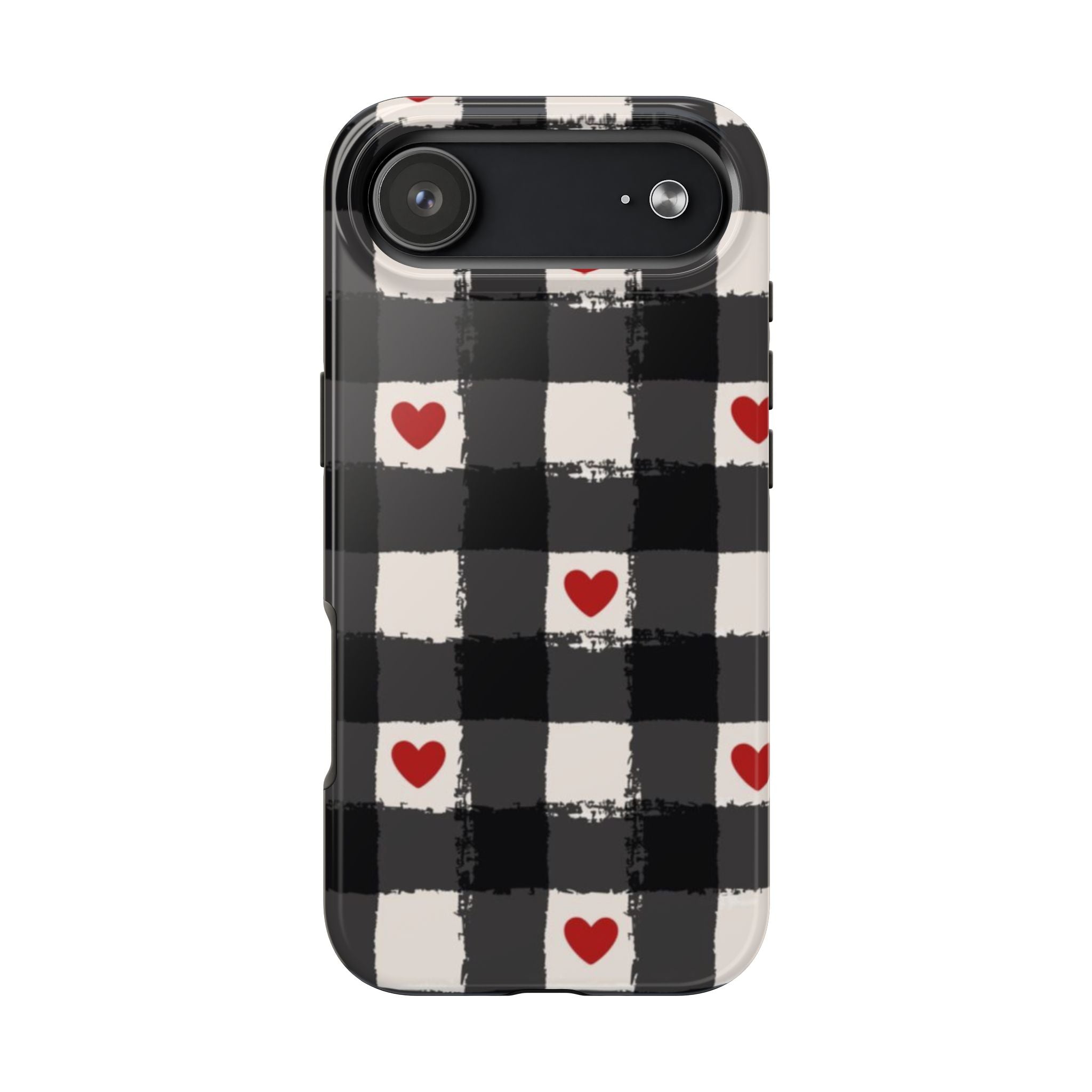 Black Buffalo Plaid Phone Case with Red Hearts